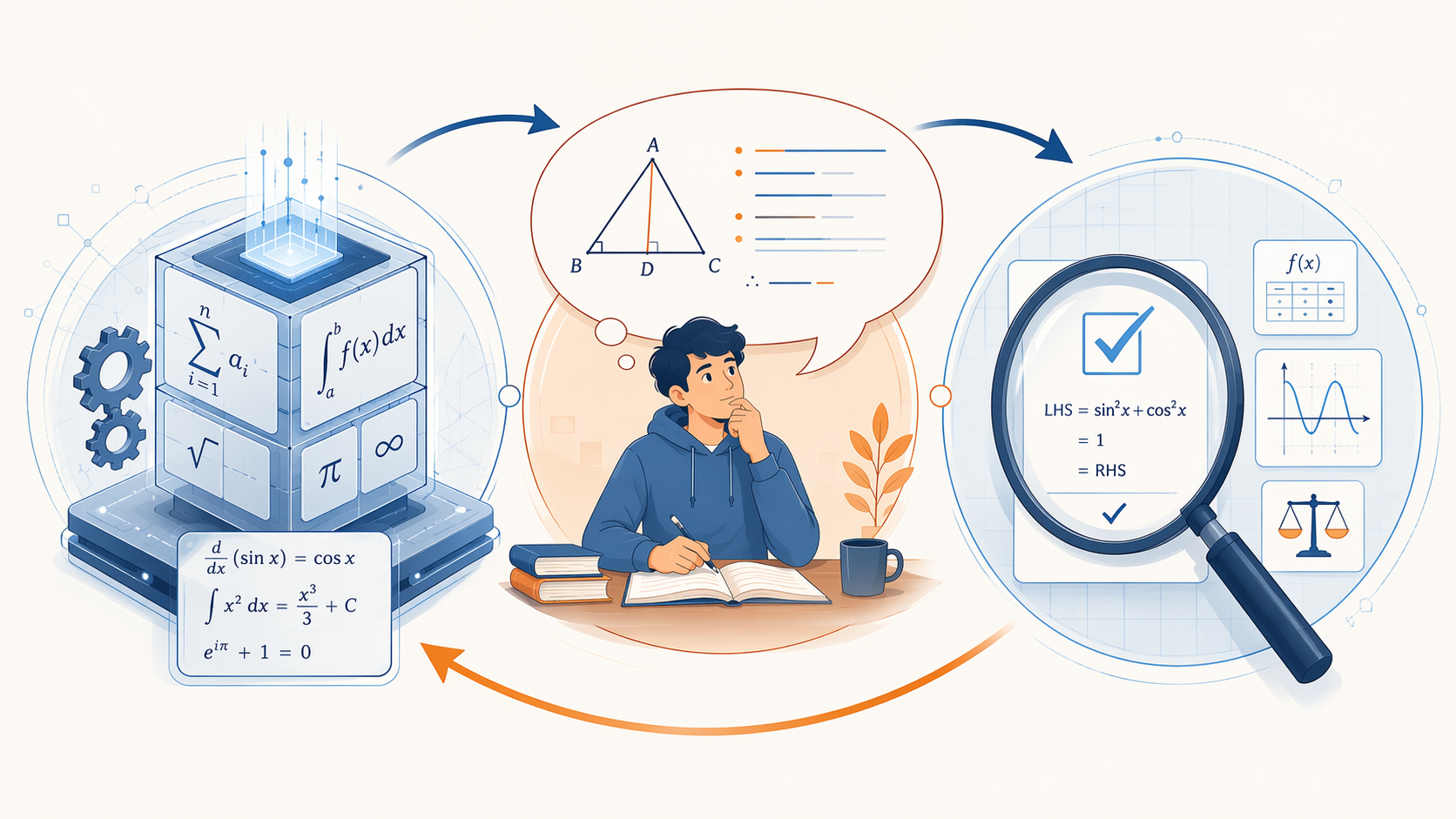 Three-part AI math workflow with computational engine, conversational tutor, and verification station connected in a loop