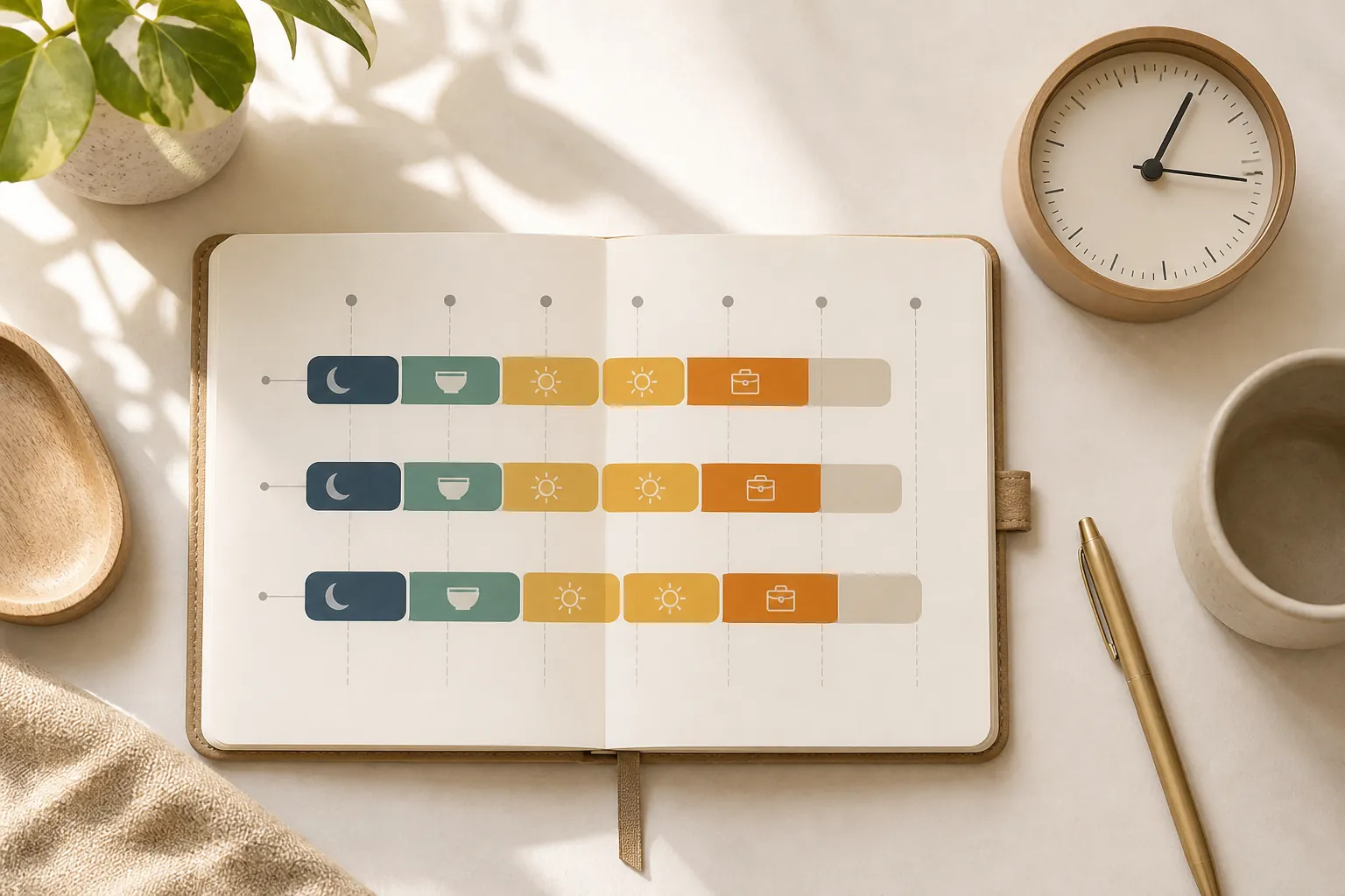 Desk planner beside an analog clock with routine blocks shifting gradually before a clock change