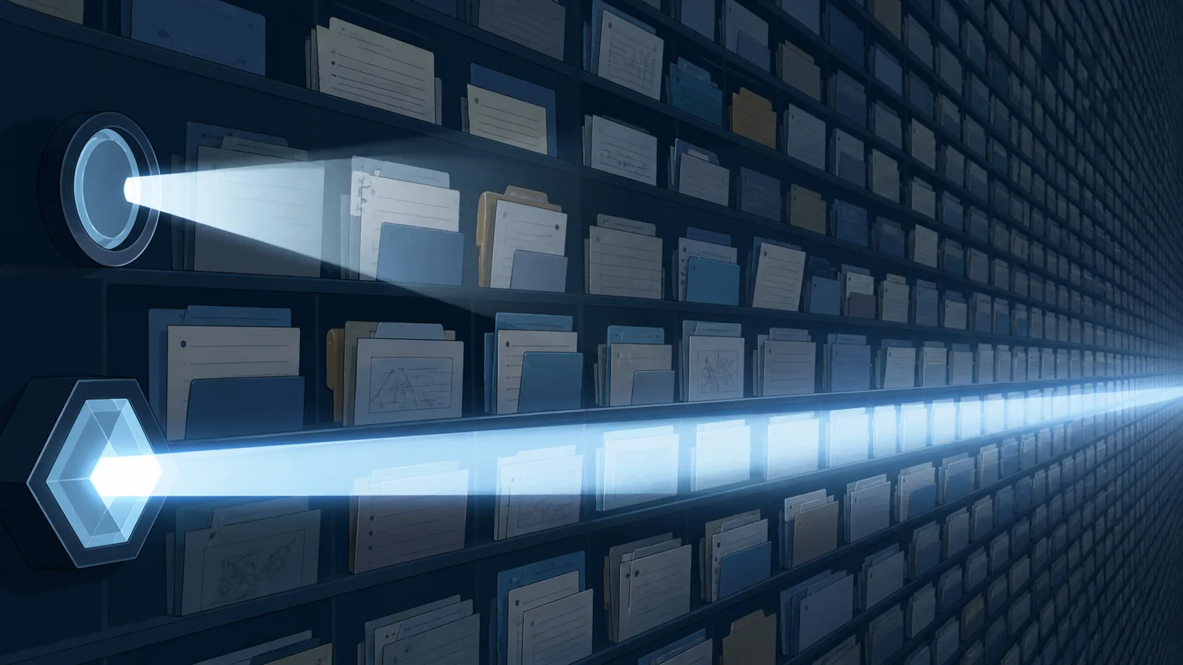 Deep archive of note cards with two search beams reaching different distances into the library