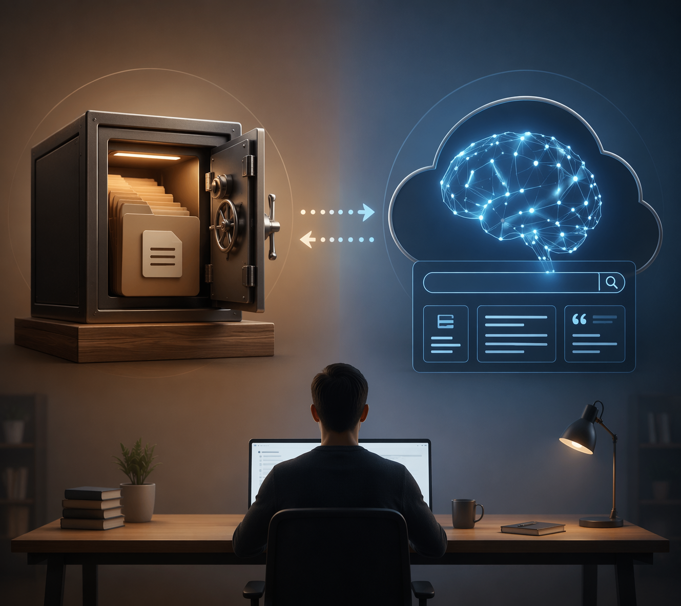 Minimal diagram of a local vault and AI brain connected by a dotted line for a single user workflow
