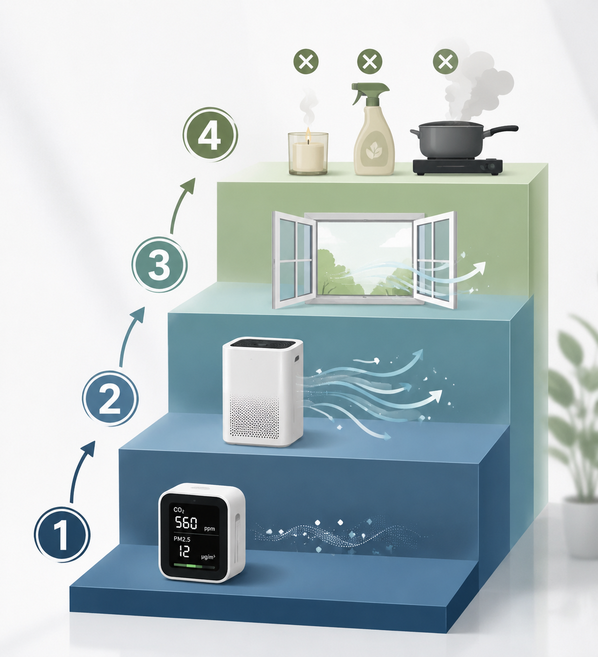 A four-step air quality intervention hierarchy with monitor, purifier, window, and source removal icons