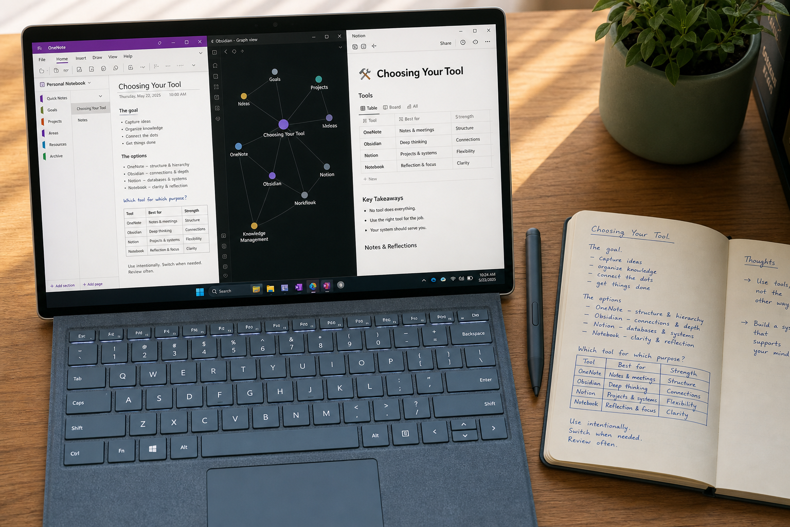 Flat-lay composition on a wooden desk showing a Windows laptop with a split-screen view of OneNote notebook, Obsidian graph view, and Notion database page, alongside a Surface Pen and an open Moleskine notebook with handwritten notes.