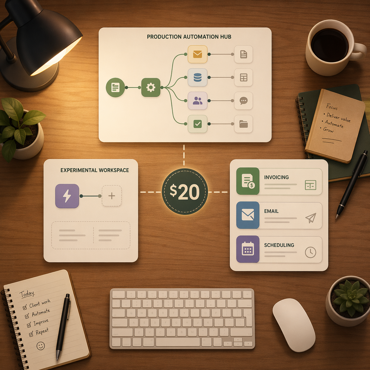 Solo freelancer desk showing a production automation hub, an experiment workspace, and purpose-built tools arranged around a $20 marker