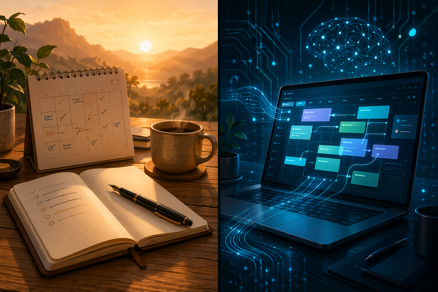 Split illustration of mindful daily planning on a desk beside an AI calendar that automatically shifts tasks