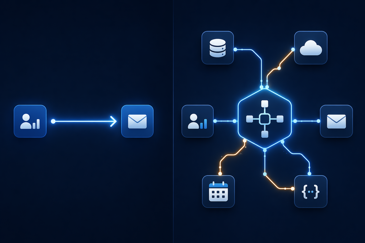 A side-by-side flat vector illustration comparing Automation (a single glowing arrow connecting two app icons) versus Orchestration (a glowing central hexagon hub with branching lines connecting multiple app icons including database, cloud, CRM, email, and calendar, showing conditional forked paths)