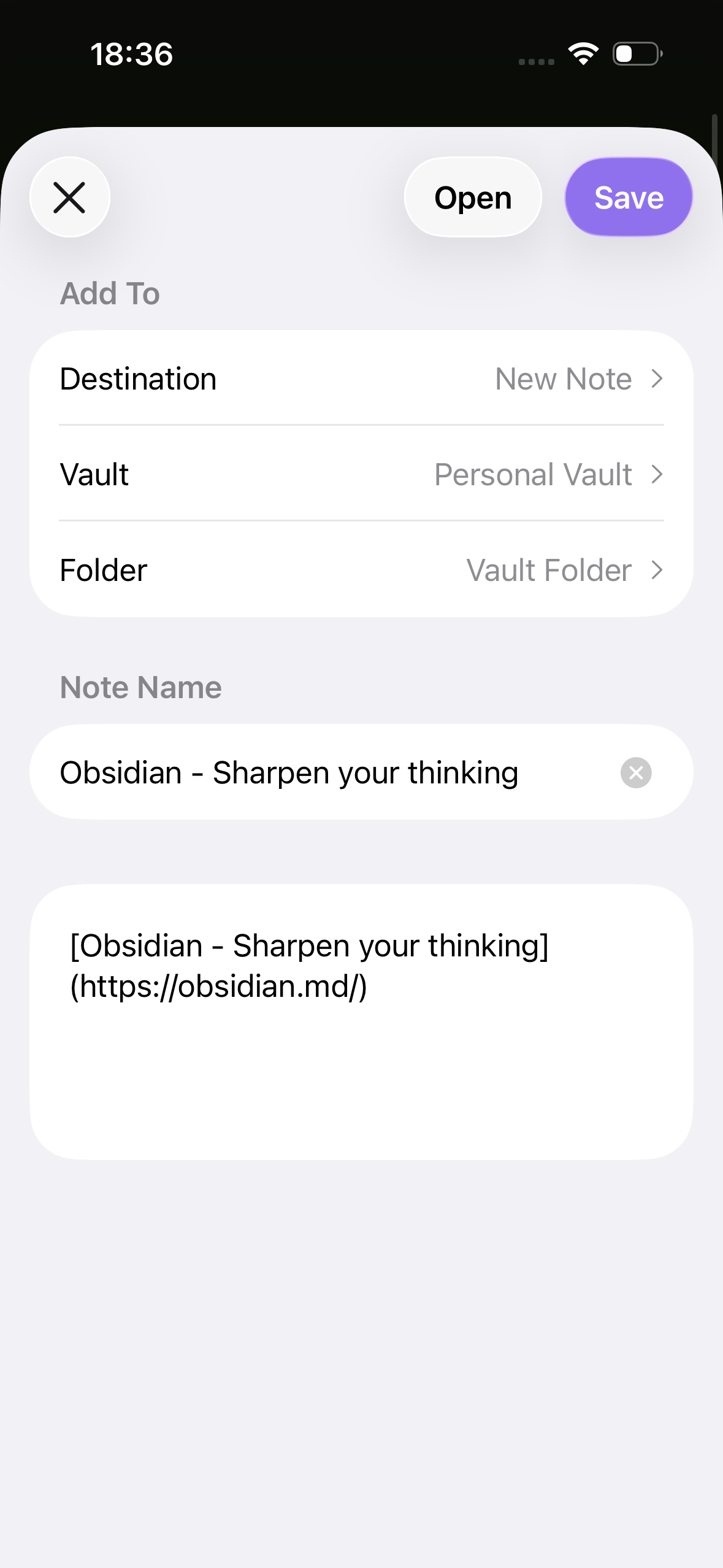 iOS share sheet showing Obsidian as a destination for saving content from other apps.
