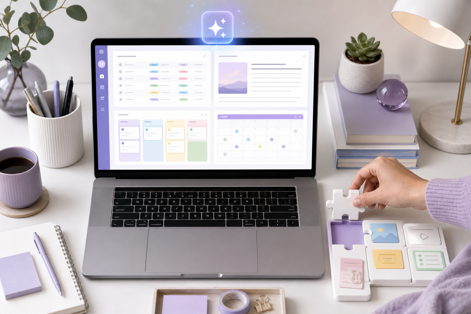 A flat-lay desk scene showing a laptop open to a Notion workspace with a database view, journal page, Kanban board, and calendar widget, with a glowing AI icon and a hand placing a puzzle-piece block.