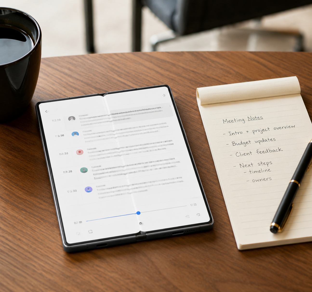 Opened Samsung foldable phone beside handwritten meeting notes on a conference table