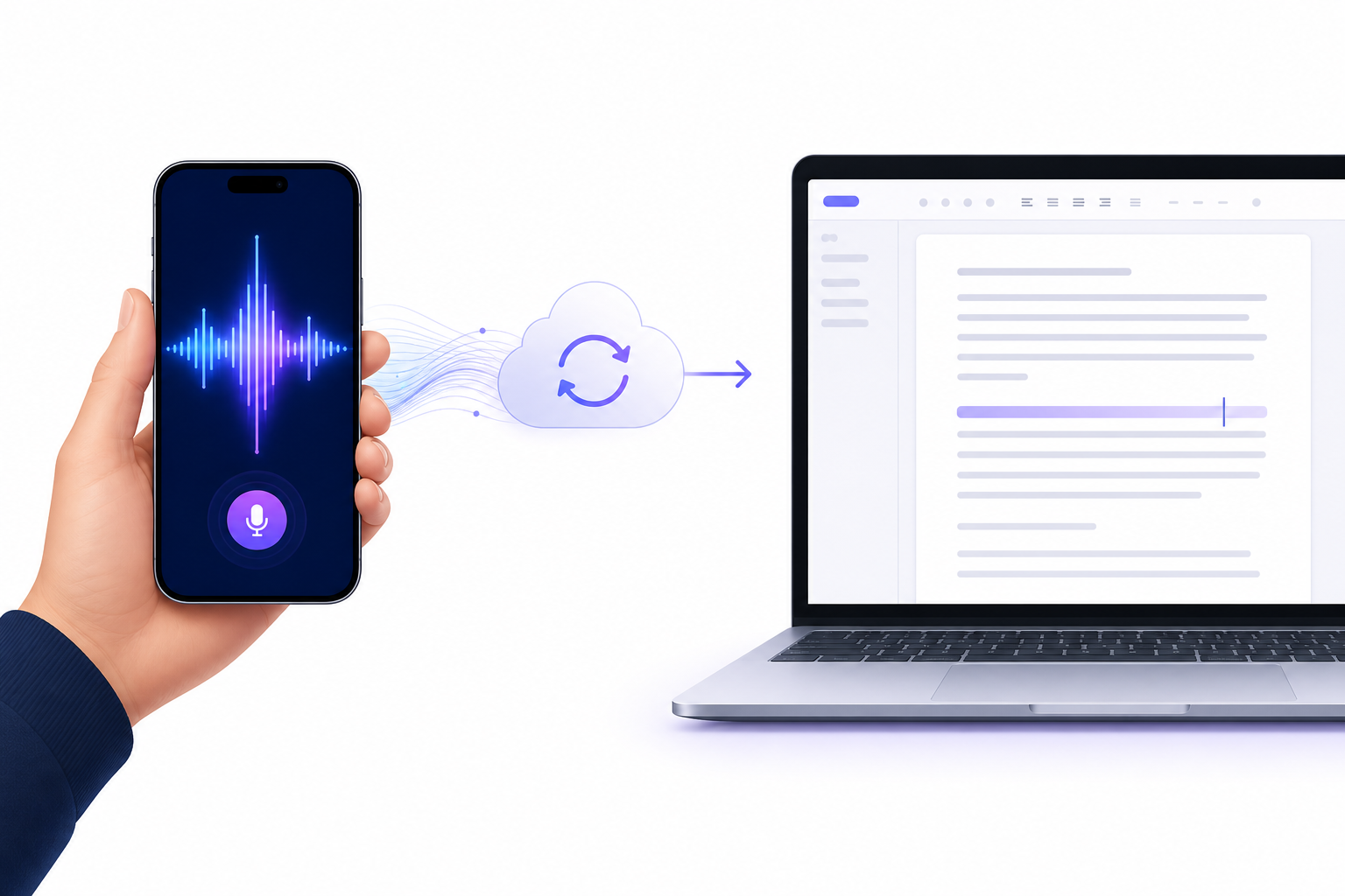 An editorial illustration showing a smartphone with a glowing waveform connected by a sync line to a laptop with a document, representing mobile voice capture flowing to desktop production.