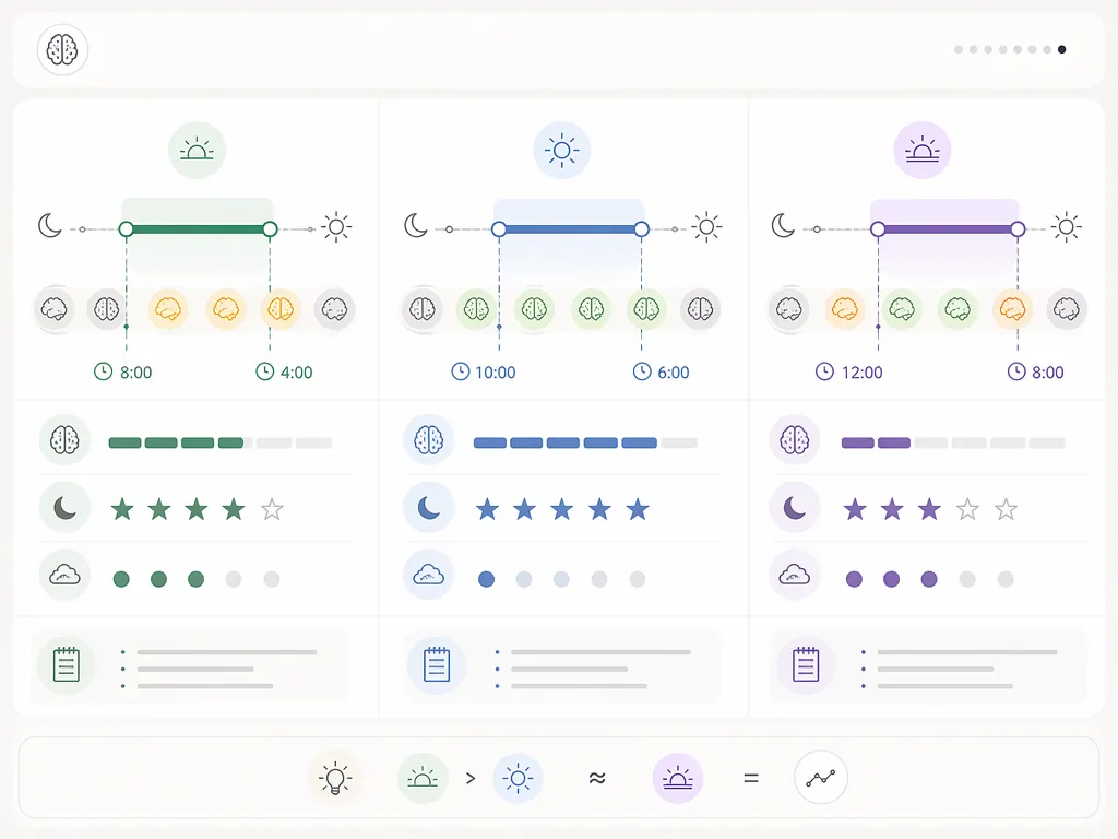 Weekly review dashboard comparing early, mid-day, and later eating windows with cognitive ratings, deep work, sleep, and brain-fog indicators