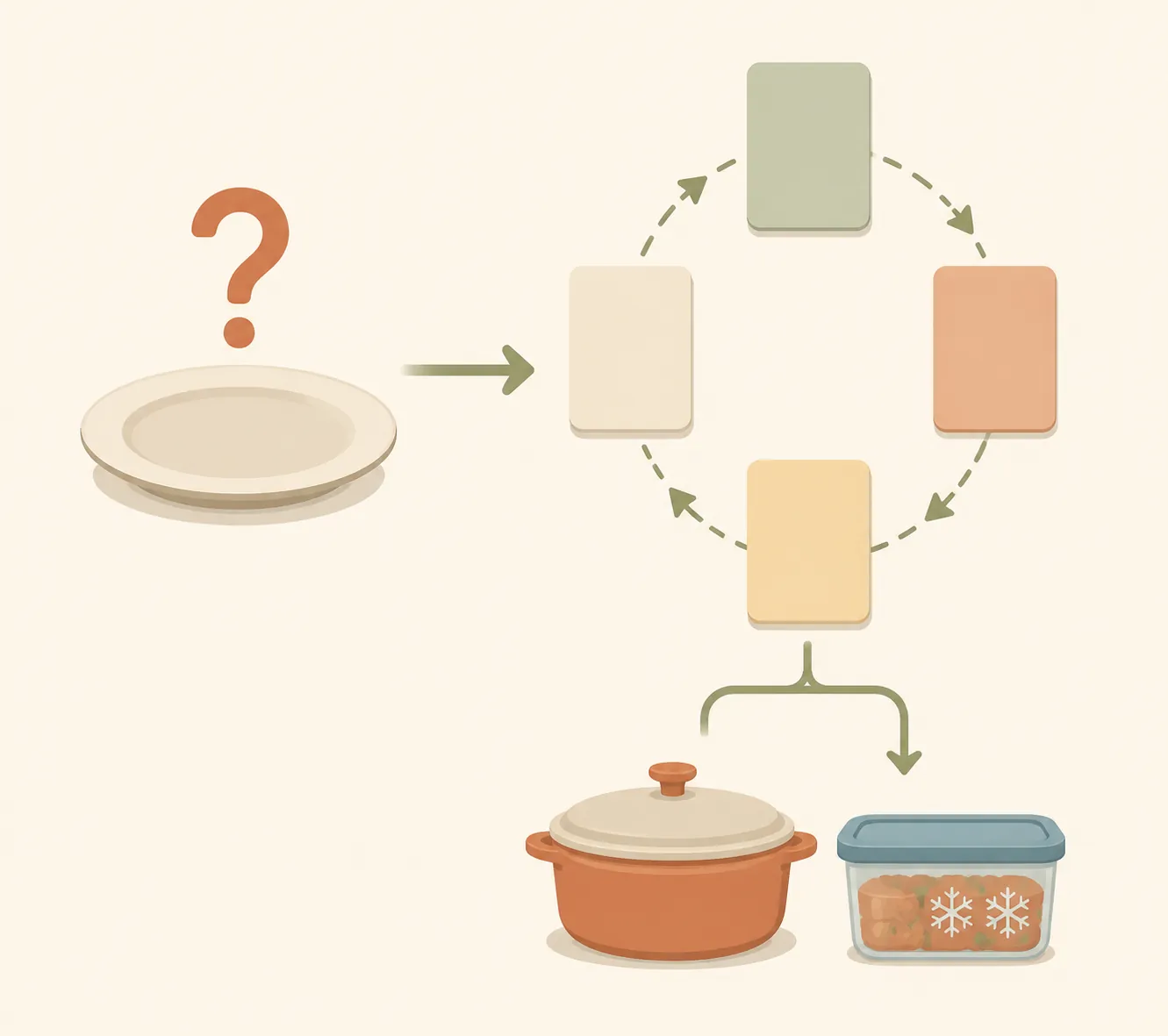 Illustration showing a dinner question leading to a small meal rotation and a freezer rescue meal