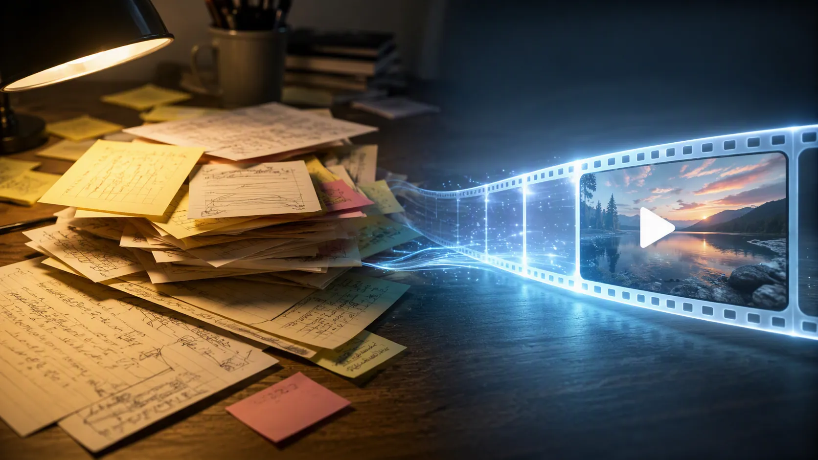 Messy handwritten notes transitioning into a glowing short video film strip