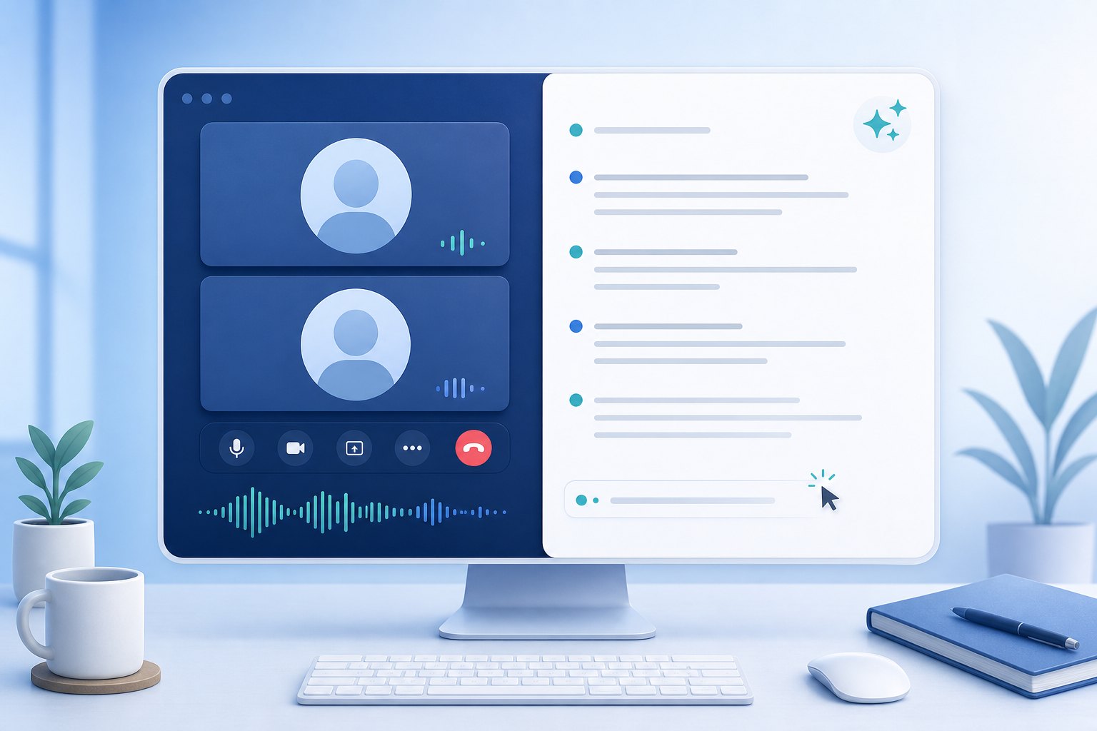 Split-screen illustration of an abstract video call panel alongside a real-time AI transcript summary panel