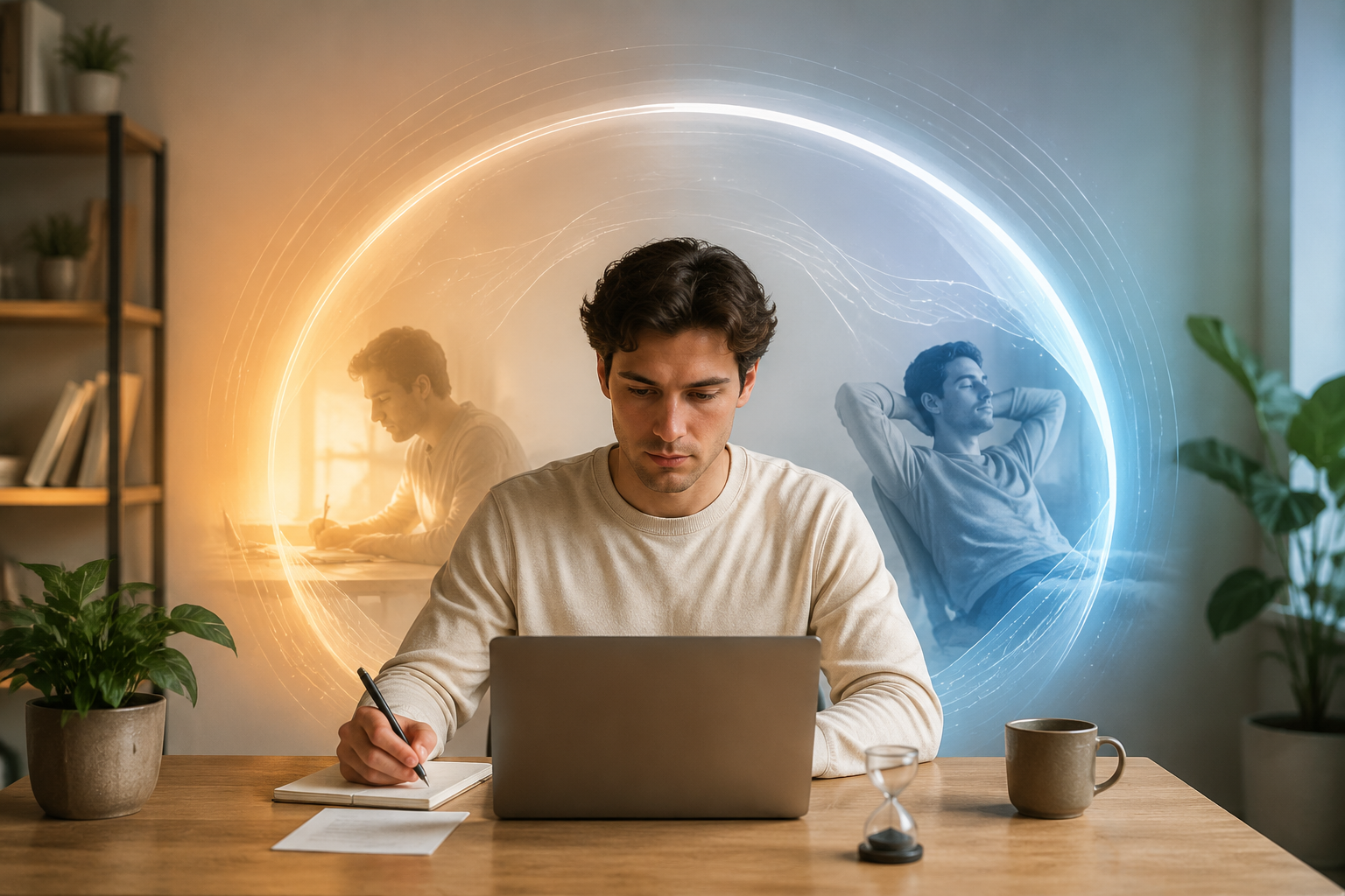 Person working calmly at a desk with a timer and circular work-rest rhythm pattern