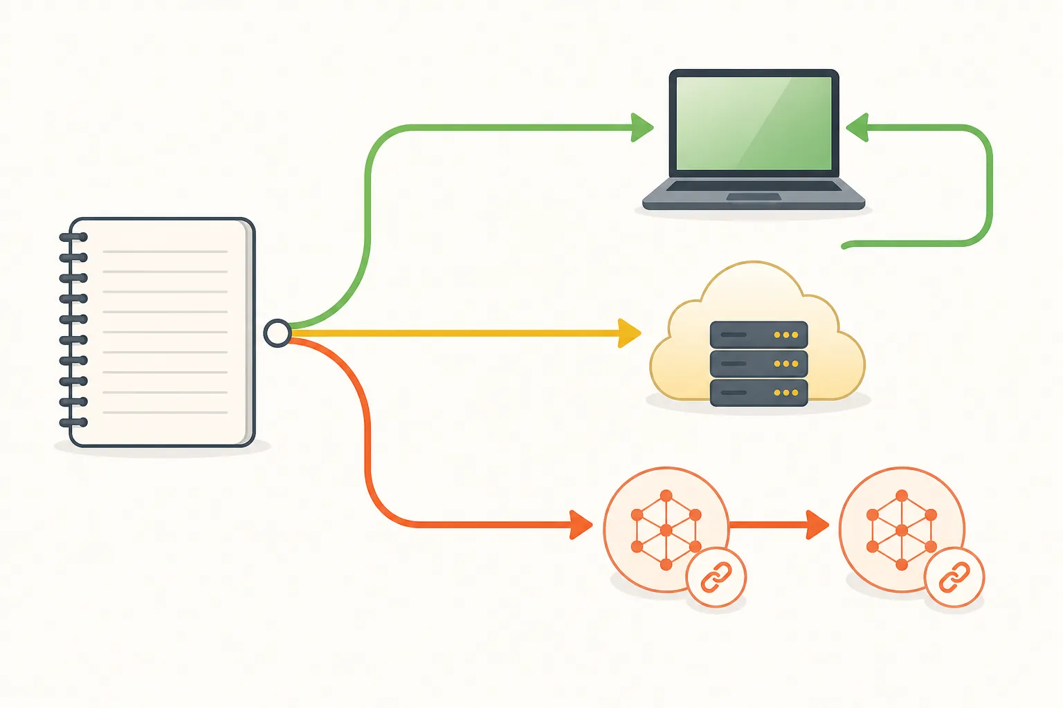 Note content branching into local, vendor-cloud, and third-party AI processing paths