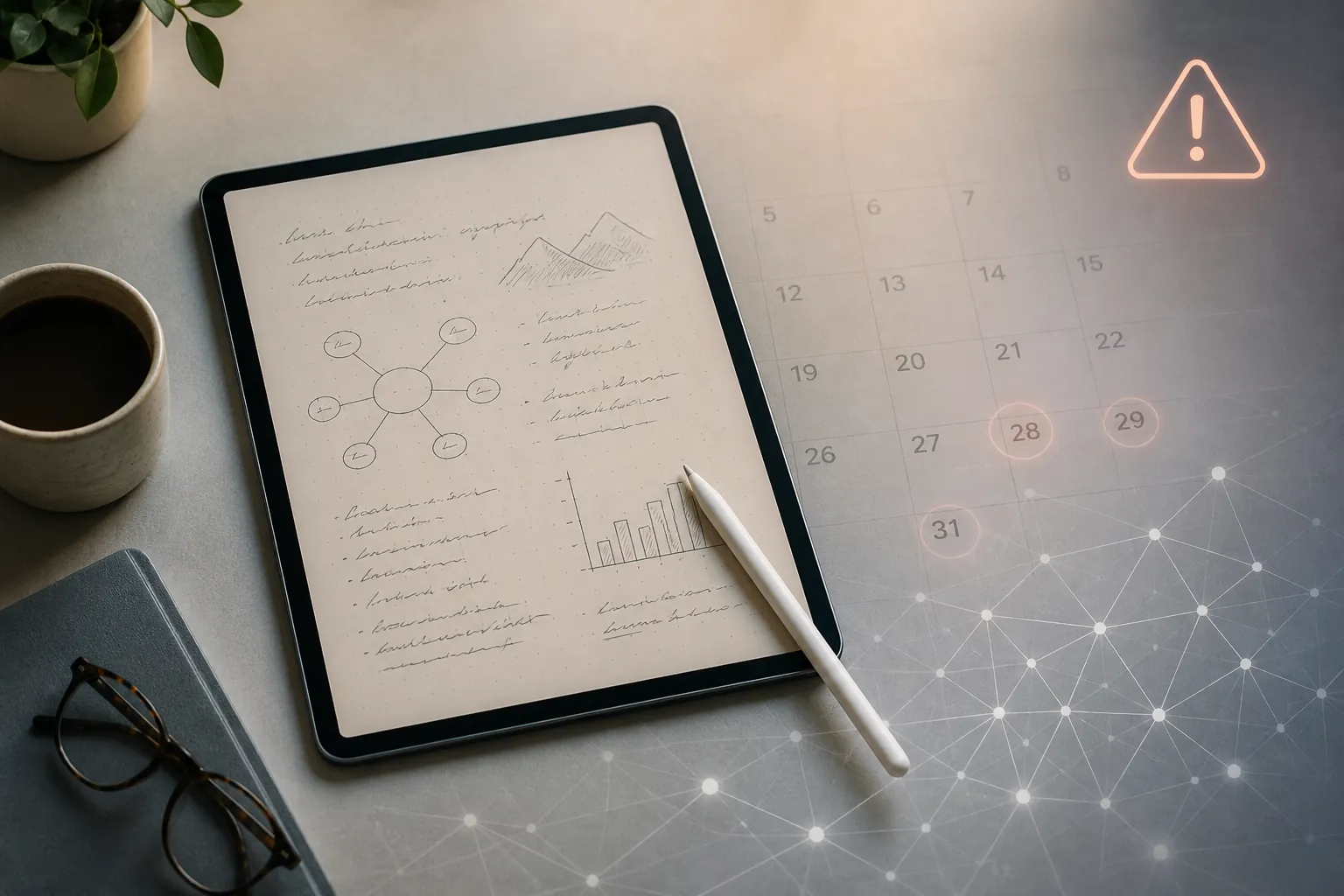 Tablet with handwritten notes and a lifecycle warning indicator on a desk