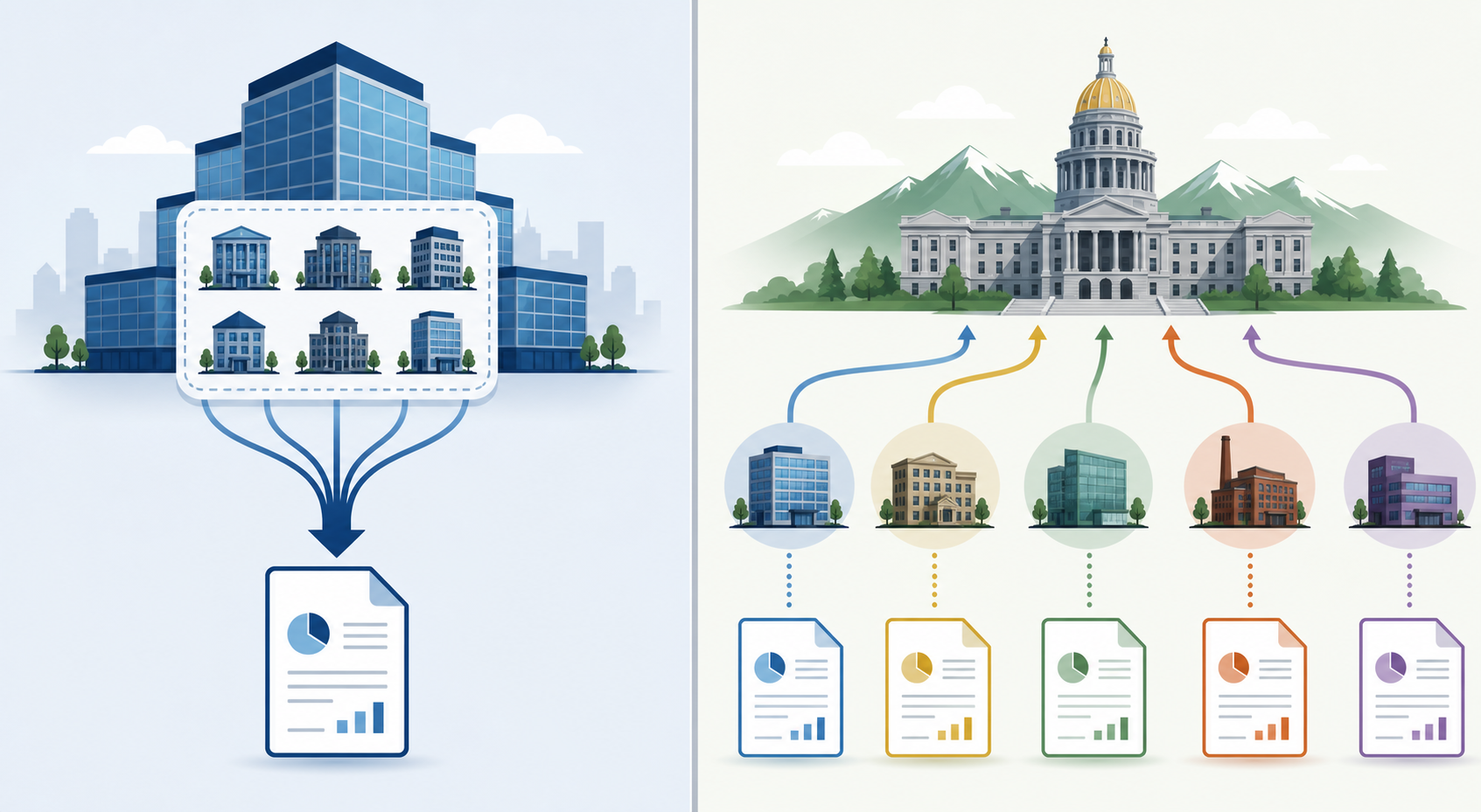 Side-by-side comparison of a consolidated federal filing and separate Colorado entity filings.