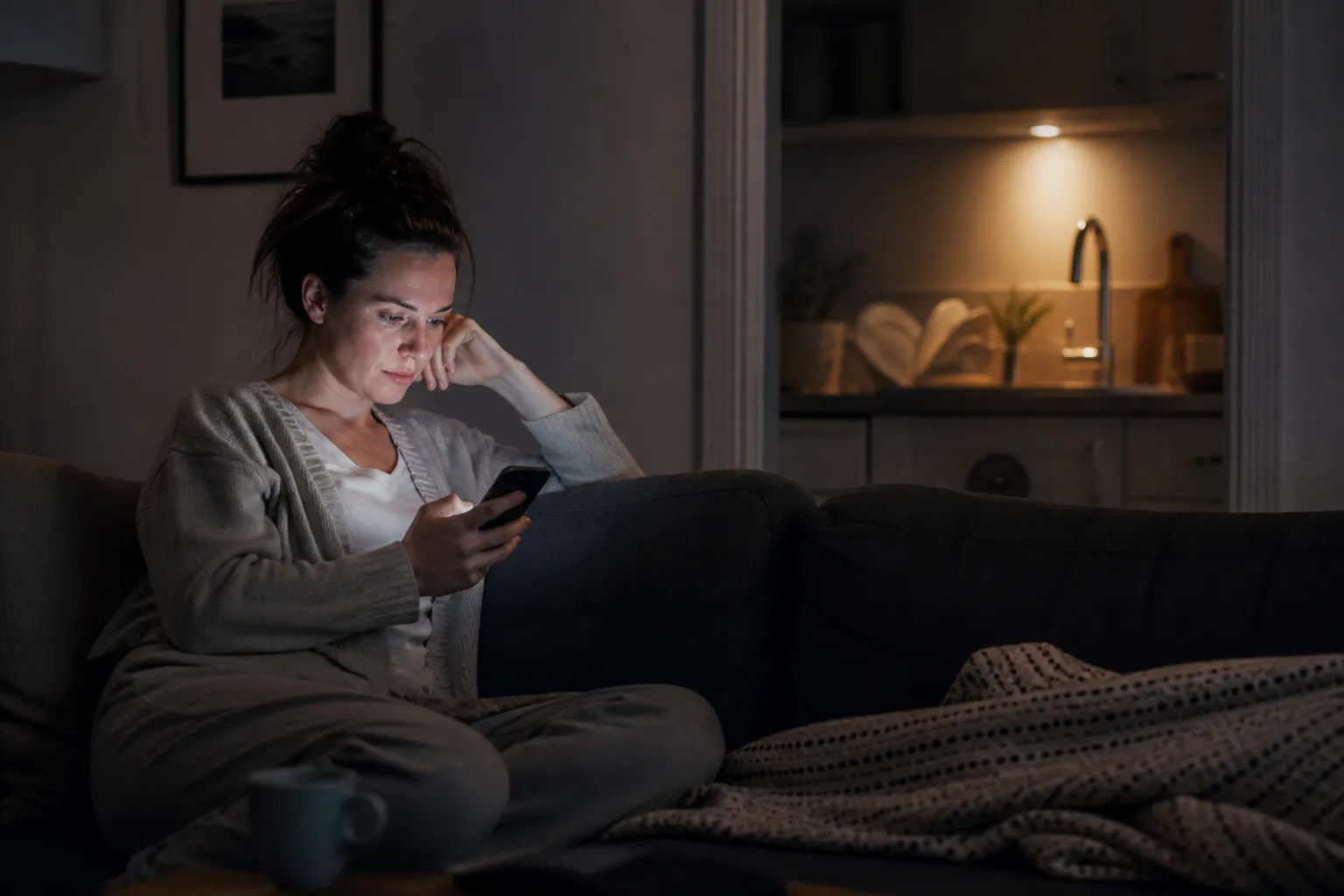 A tired person on a sofa at dusk holding a glowing phone while dirty dishes are visible in the kitchen behind them