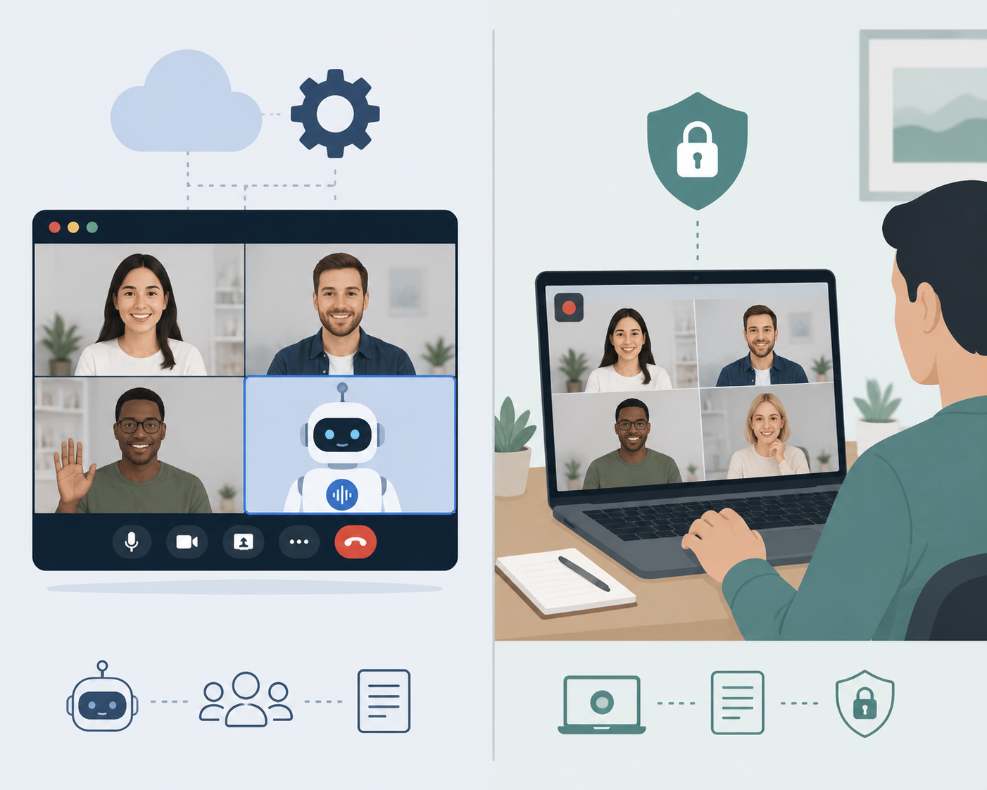 Comparison illustration showing a meeting bot joining a video call beside a botless local recording setup with a shield icon