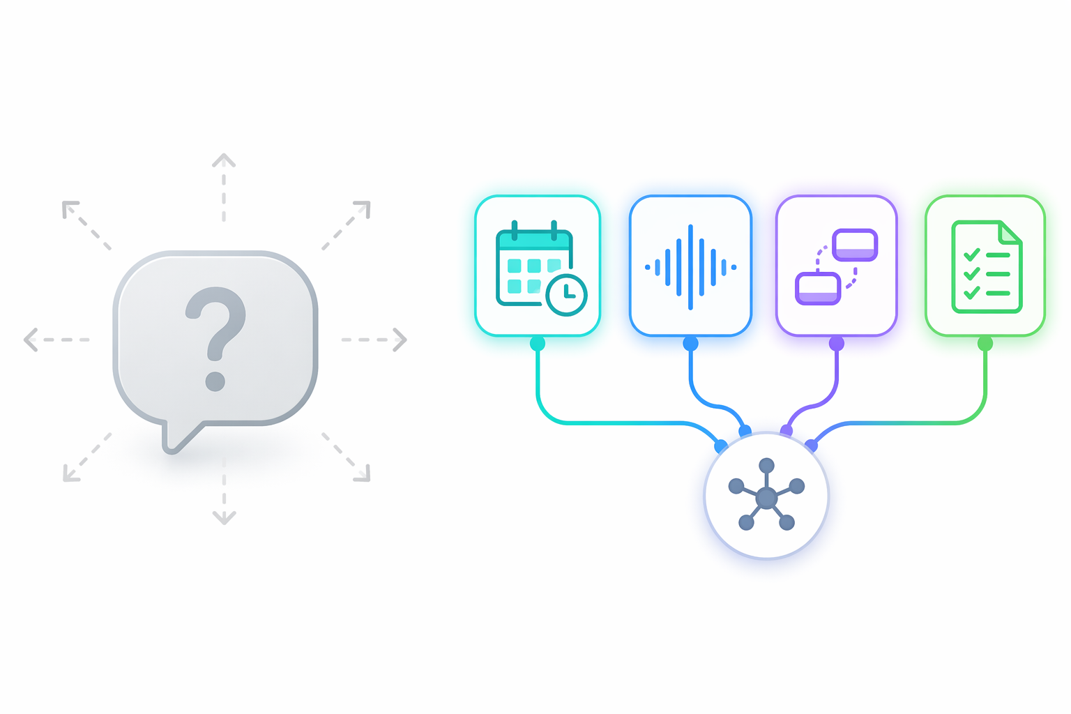 Comparison illustration on a white background: left side shows a single large muted grey chat bubble with a faint question mark and thin aimless arrows, representing generic chatbots; right side shows four distinct specialized tool icons — a calendar with clock, a transcription waveform, a chain-flow automation icon, and a document with checkmarks — each in a distinct accent color and connected to a central workflow node.