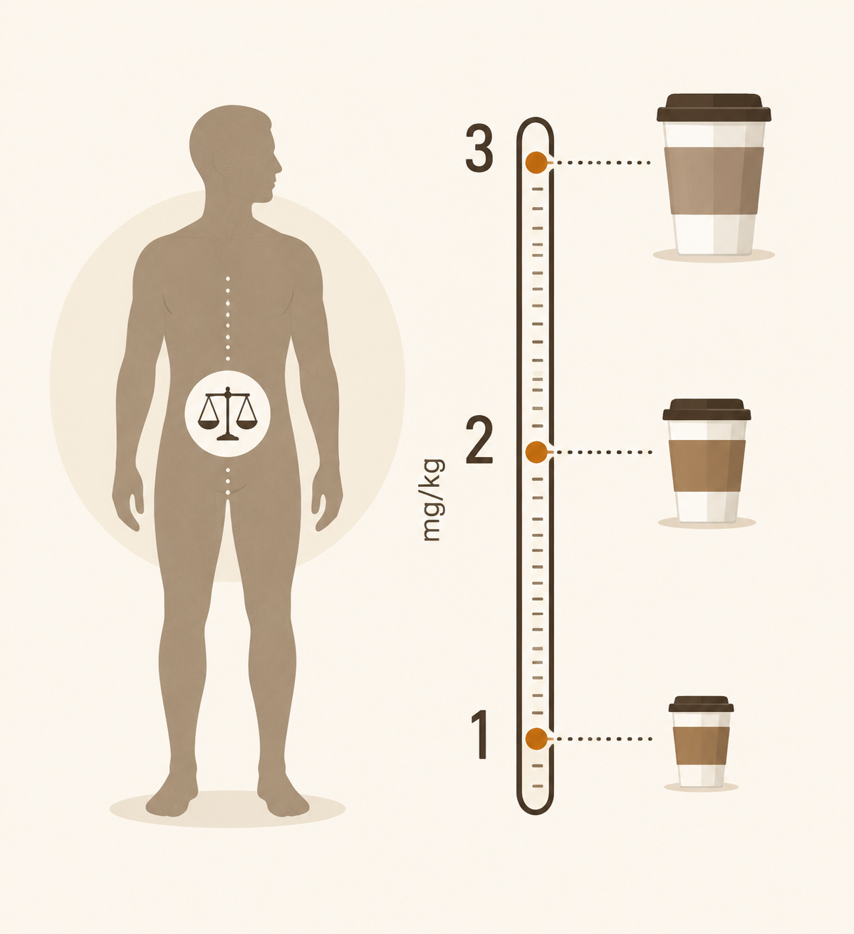 Body-weight caffeine dosing scale showing 1 to 3 mg per kg with coffee cup icons