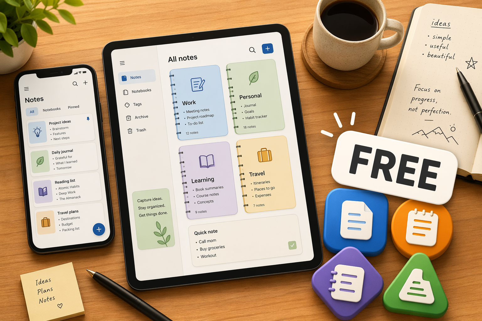 Flat-lay on a wooden desk showing a smartphone and tablet with minimalist note-taking interfaces on the left, and a white 'FREE' badge over four abstract colored app icons on the right, with a coffee cup and open notebook in the background