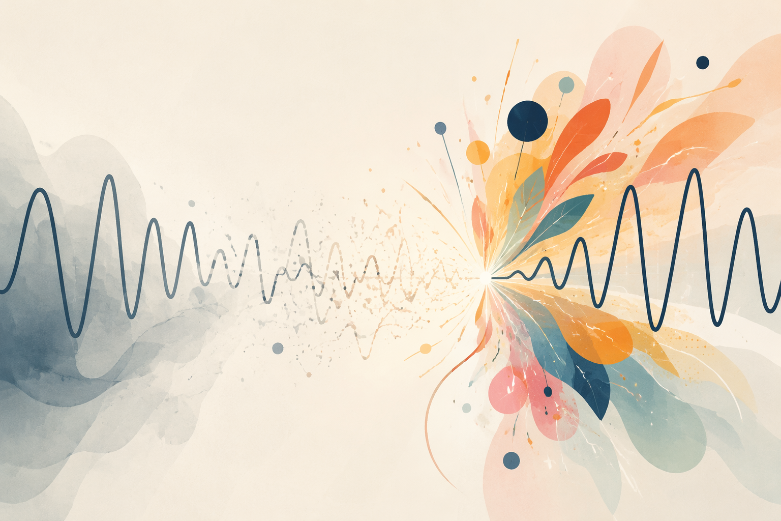 Abstract illustration of attention fading and then becoming clear again after a burst of music and movement