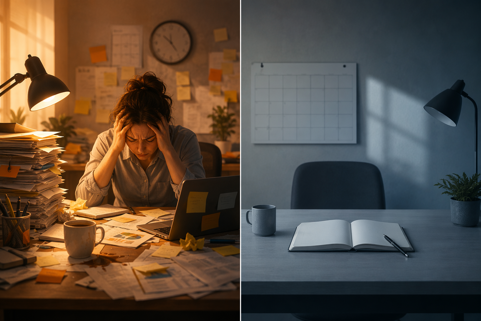 A split illustration contrasts temporary work chaos with a quieter sustained decline at the same desk.