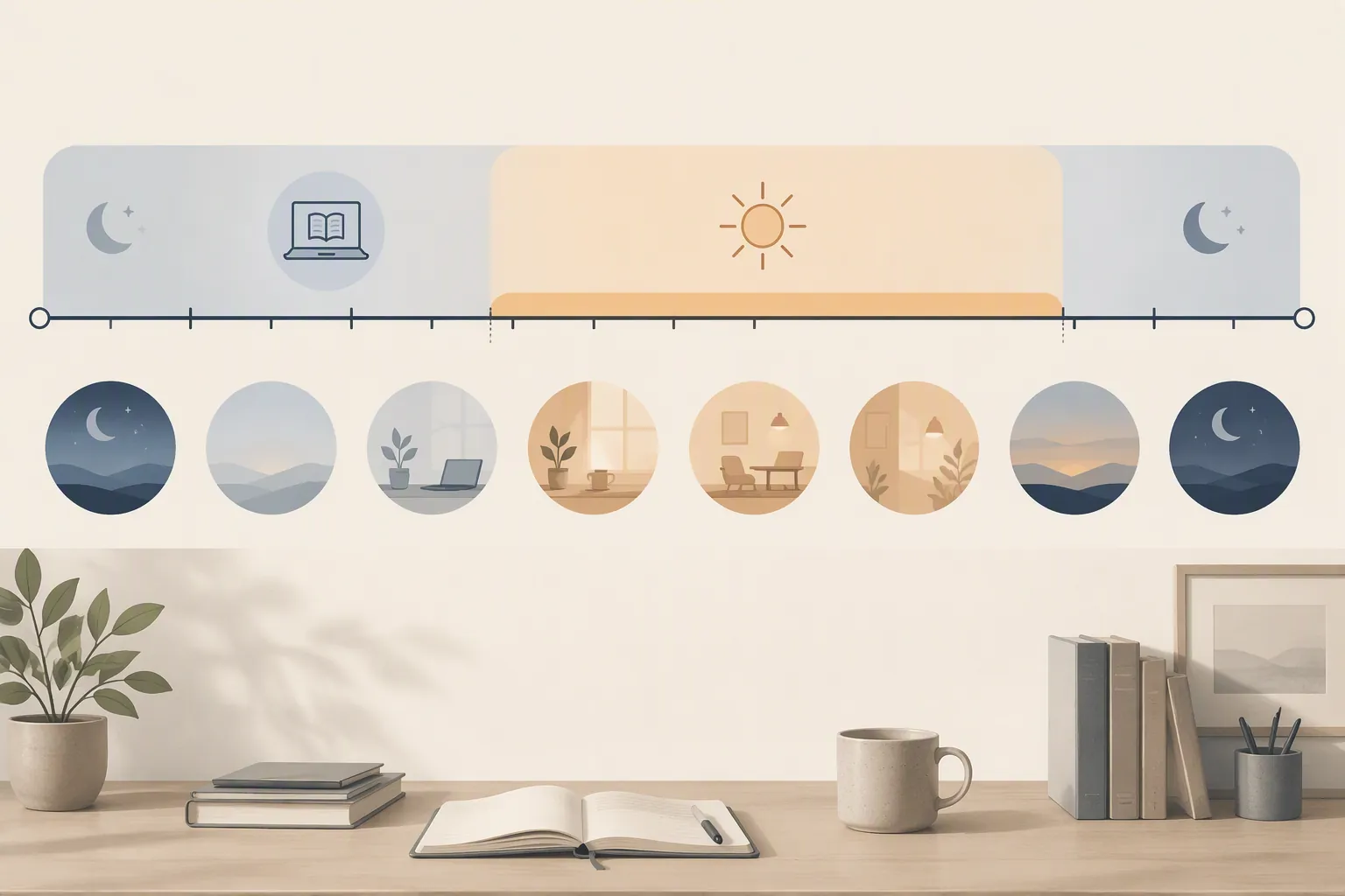 Daily timeline showing a fasted morning, deep work period, and compact eating window