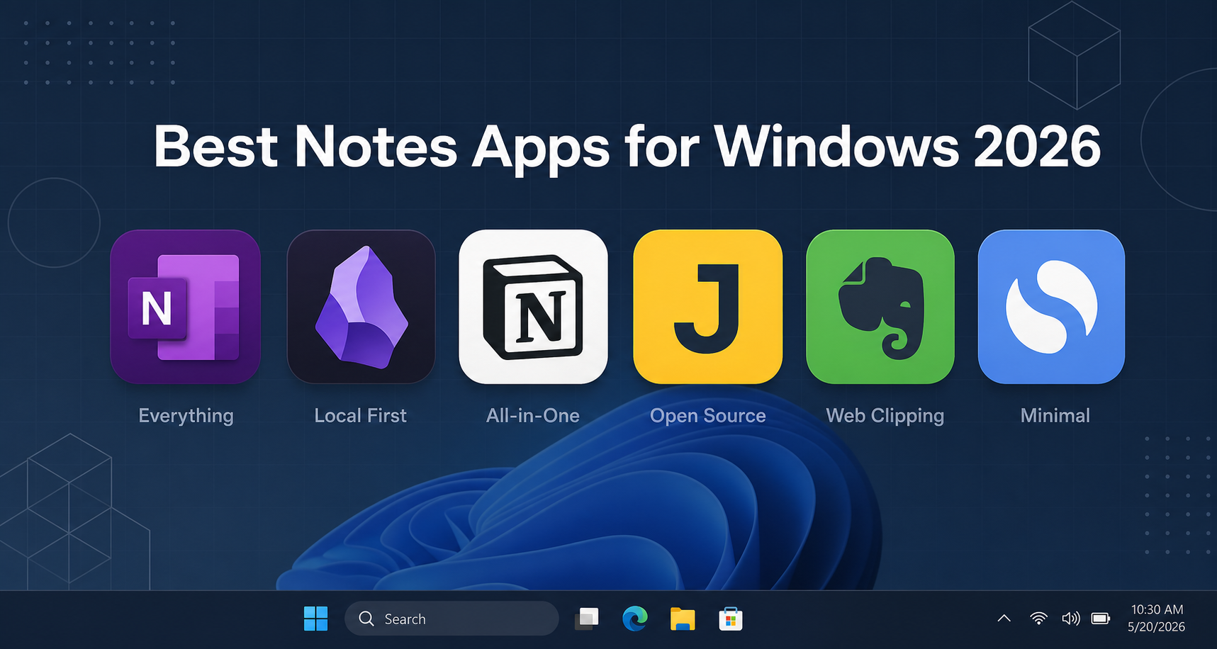 Six app icons arranged horizontally (OneNote, Obsidian, Notion, Joplin, Evernote, Simplenote) above a blurred Windows 11 desktop with the headline 'Best Notes Apps for Windows 2026'.