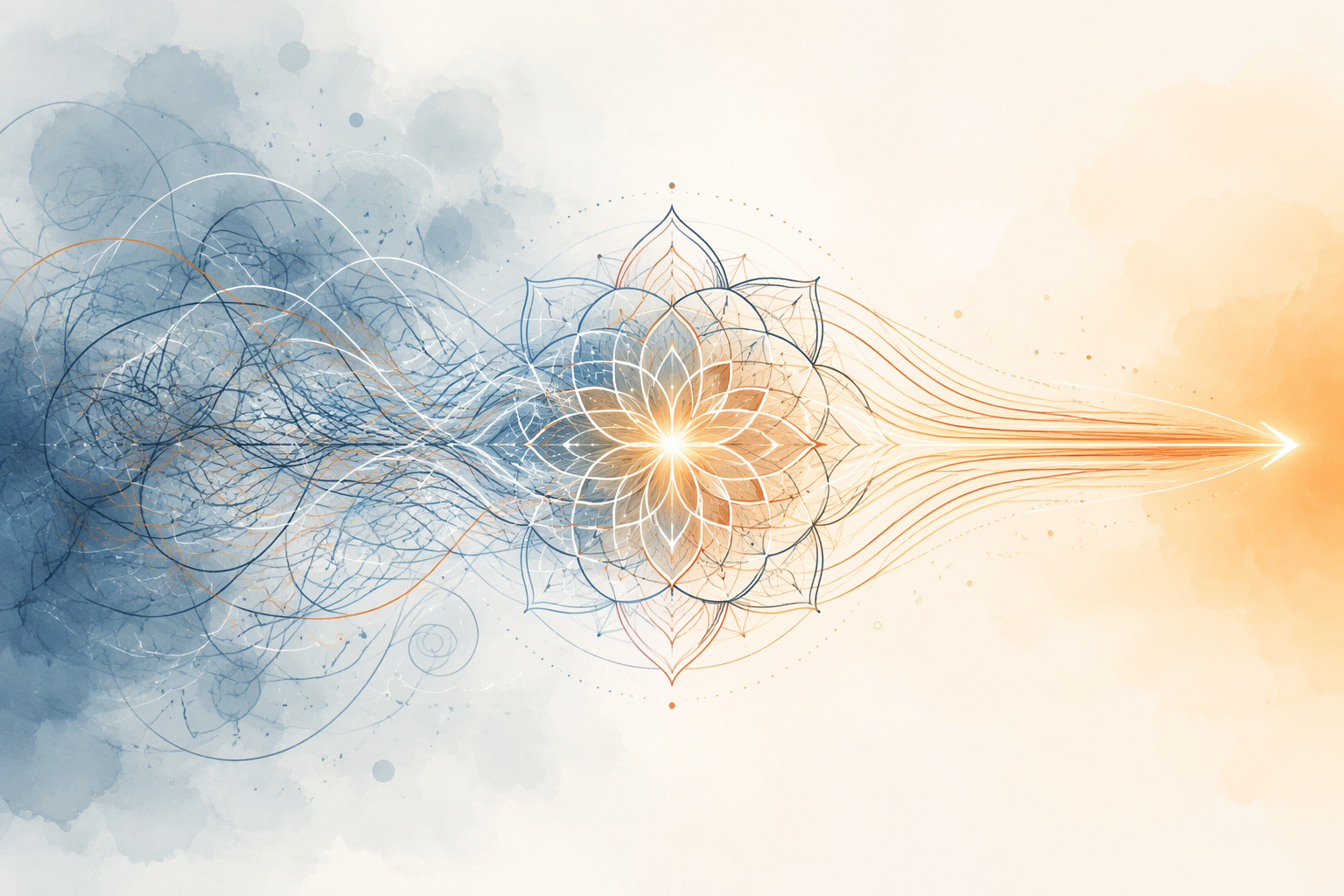 A visual transition from scattered thought lines to a mandala and then to a clear beam of focused attention.