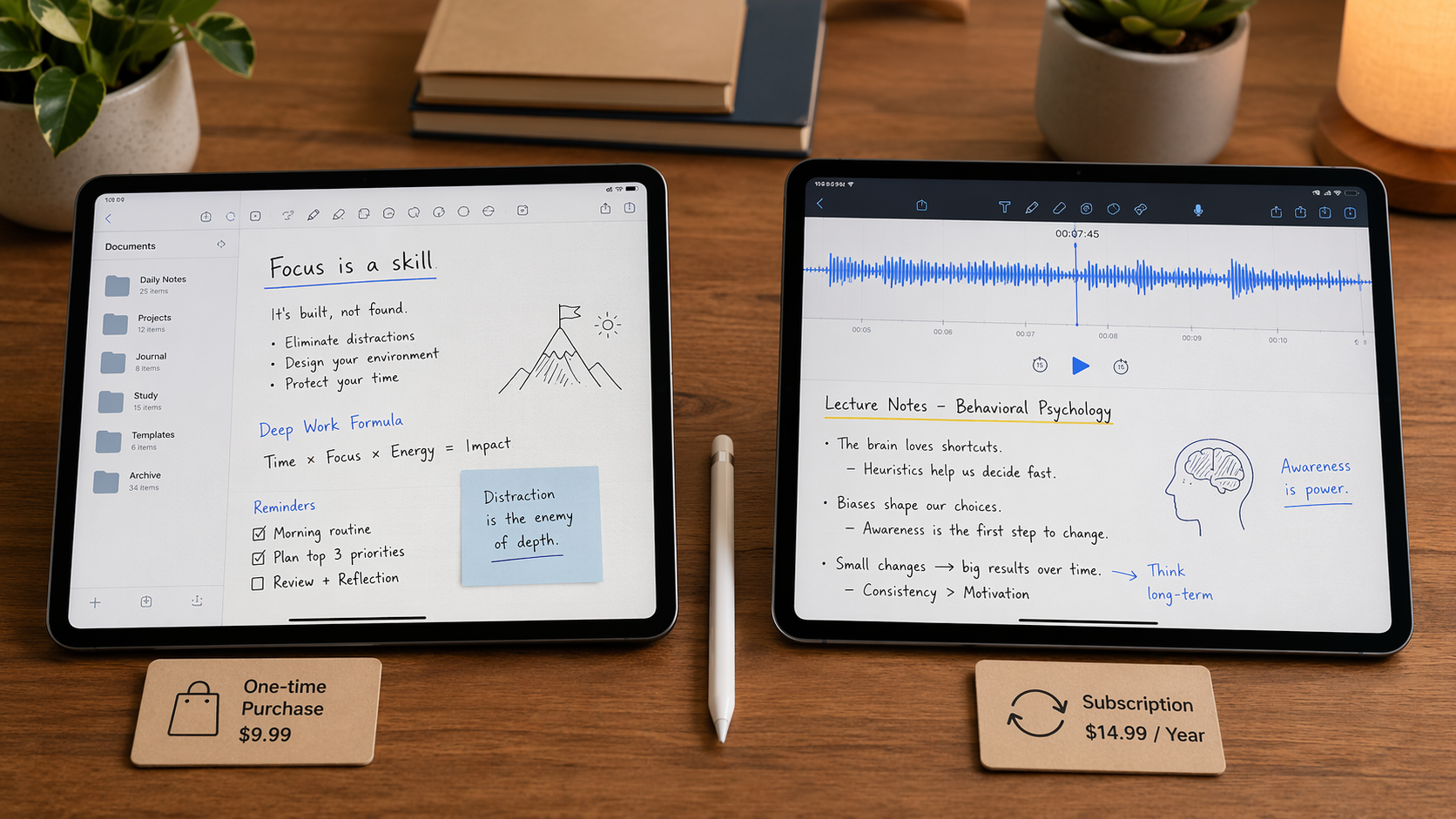 Two iPads comparing GoodNotes folders and one-time purchase with Notability audio waveform notes and subscription