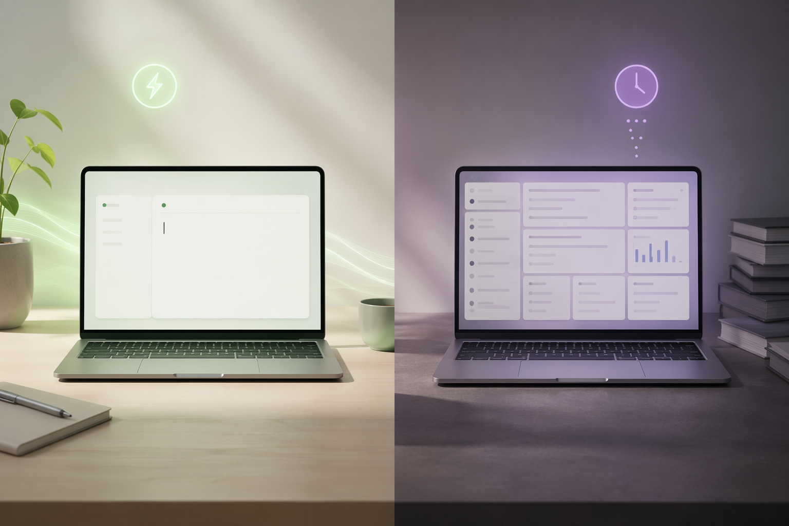 MacBook Air showing a lightweight notes interface beside a heavier notes workspace