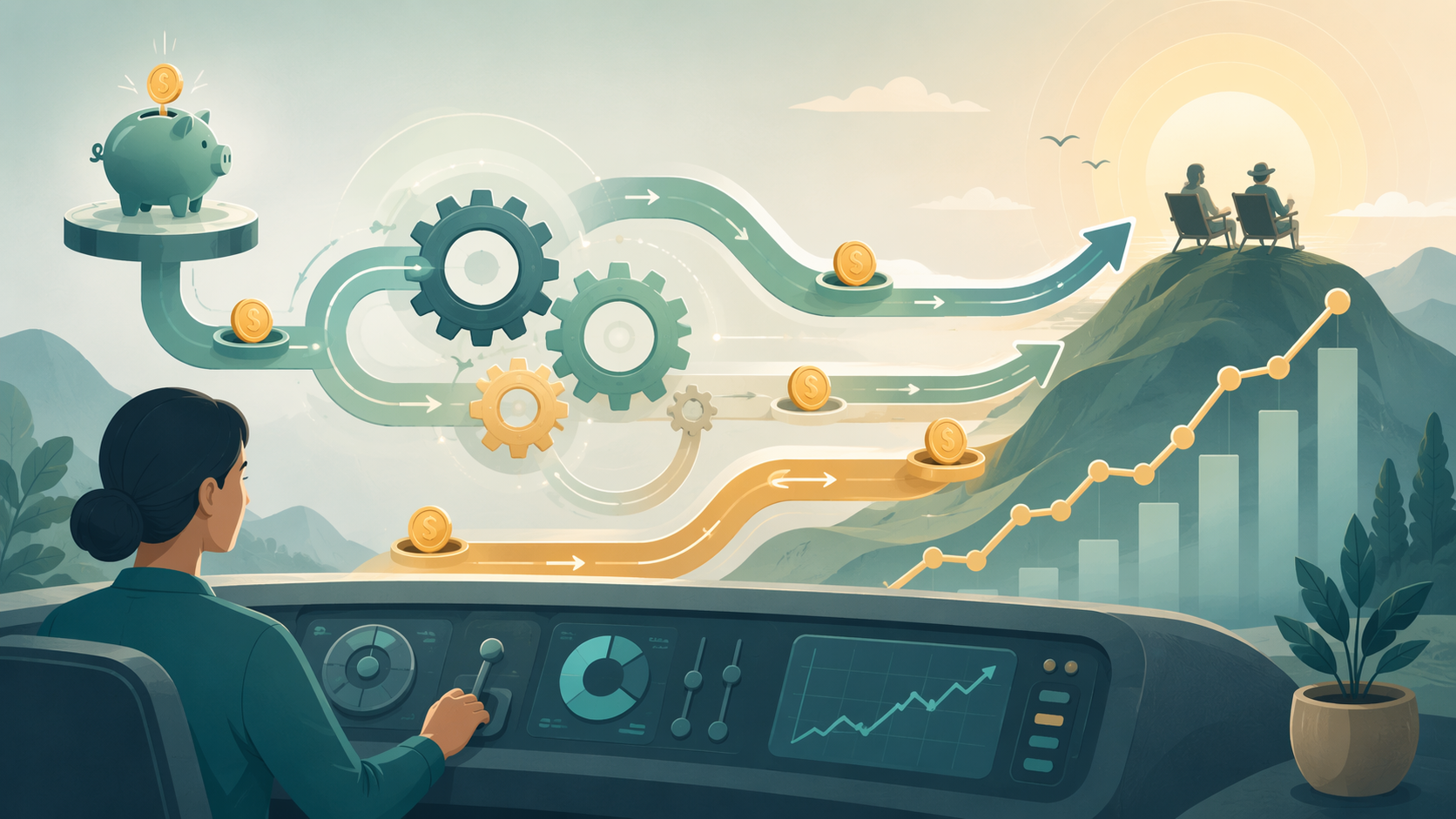 Calm autopilot dashboard with flowing arrows, gears, coins, and upward-trending lines