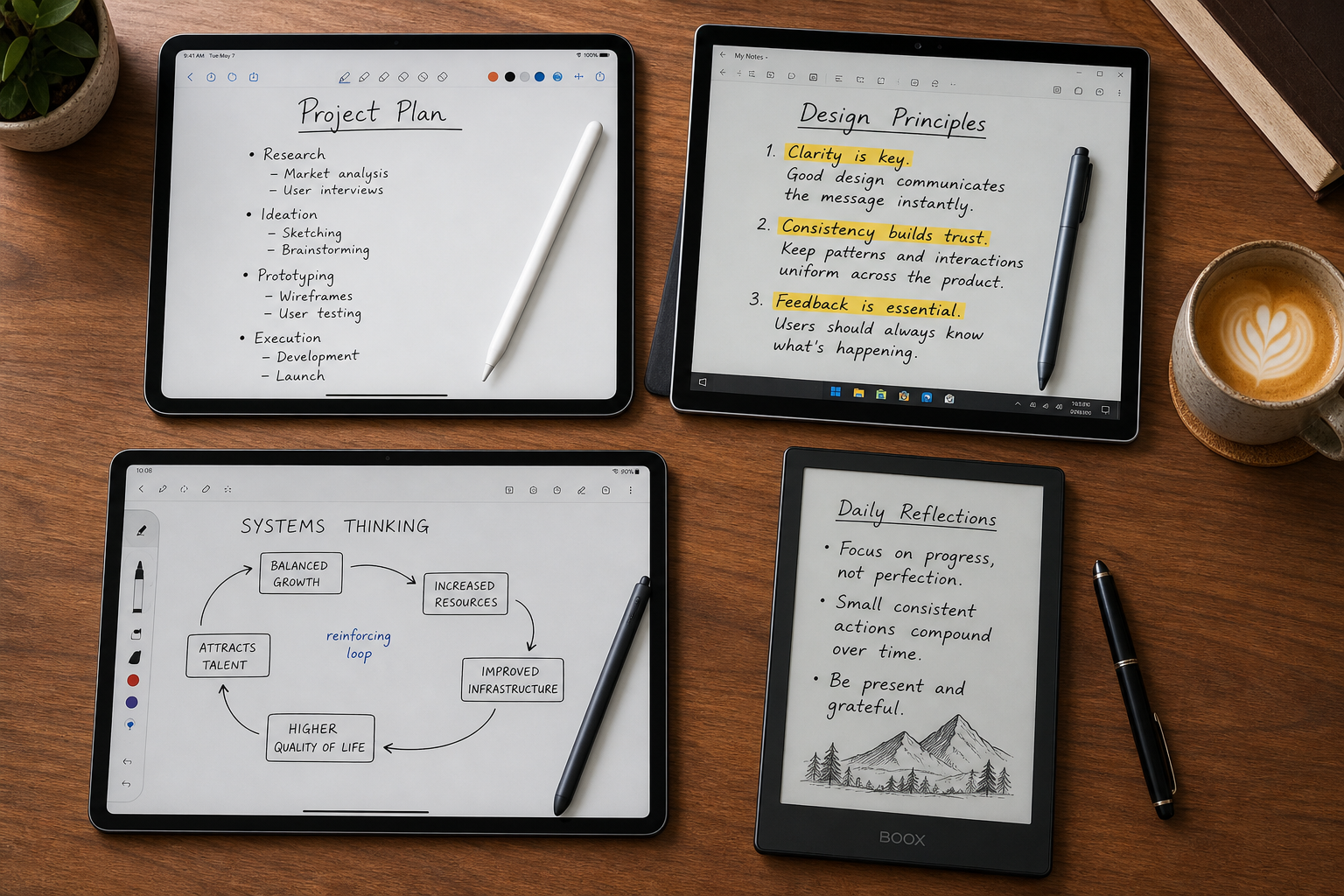 Flat-lay composition on a wooden desk showing an iPad Pro with Apple Pencil, a Microsoft Surface with stylus, a Samsung Galaxy Tab with S Pen, and a Boox e-ink reader, each displaying handwritten notes.