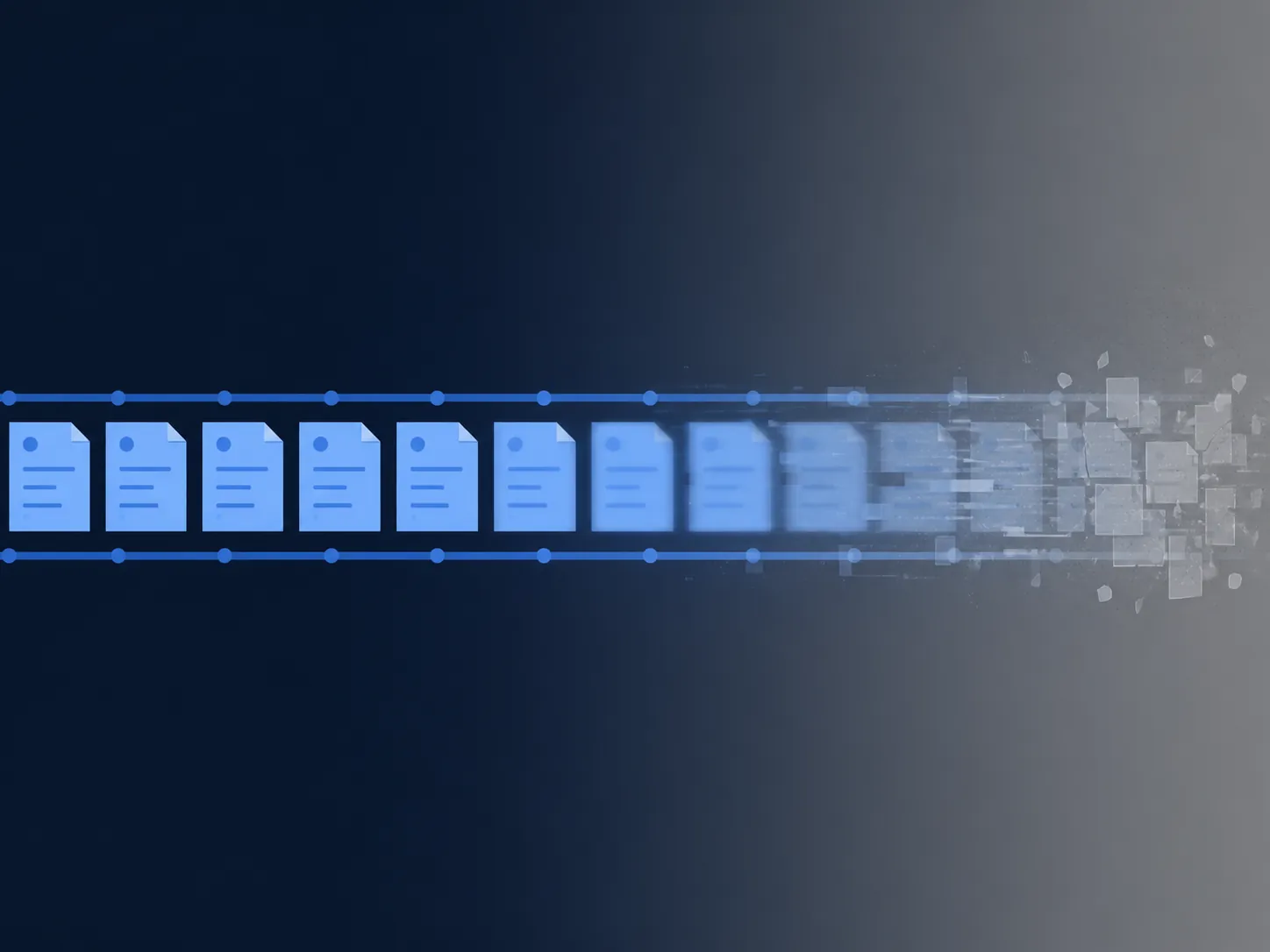 A long context-window track where note tiles are clear at the start and blur into fractured segments near the maximum context length