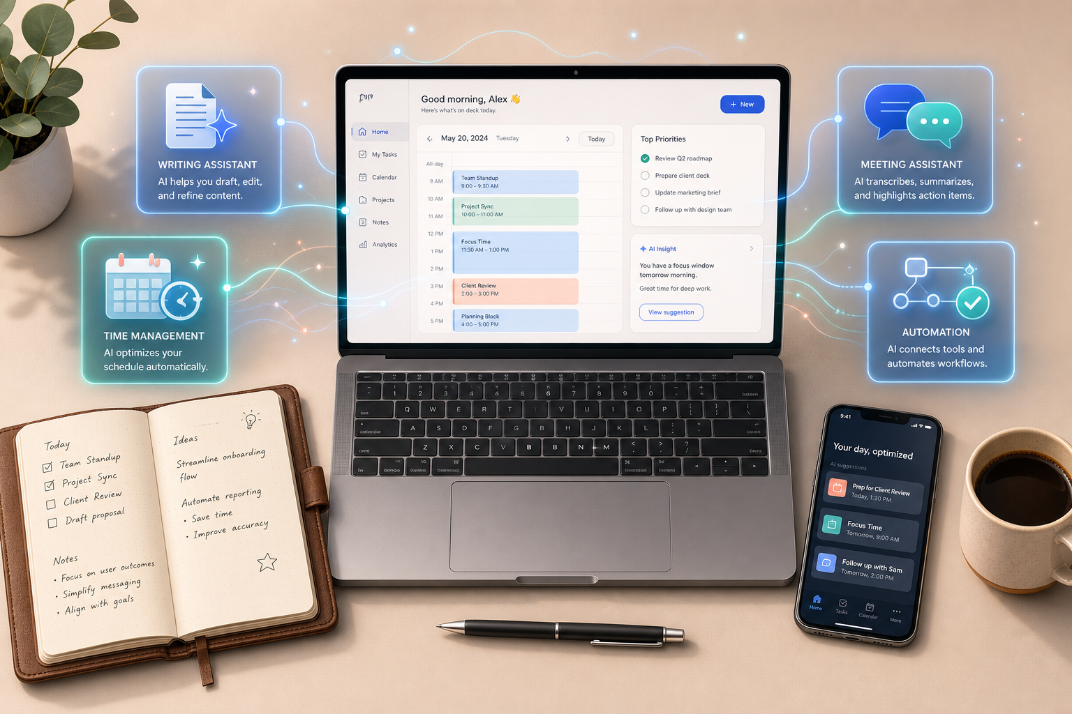 Flat-lay desk scene with laptop, smartphone, notebook, and coffee cup; translucent blue and teal glowing nodes and data-flow lines hover above the devices, with small icons for writing, scheduling, meeting, and workflow automation integrated into the ethereal layer.