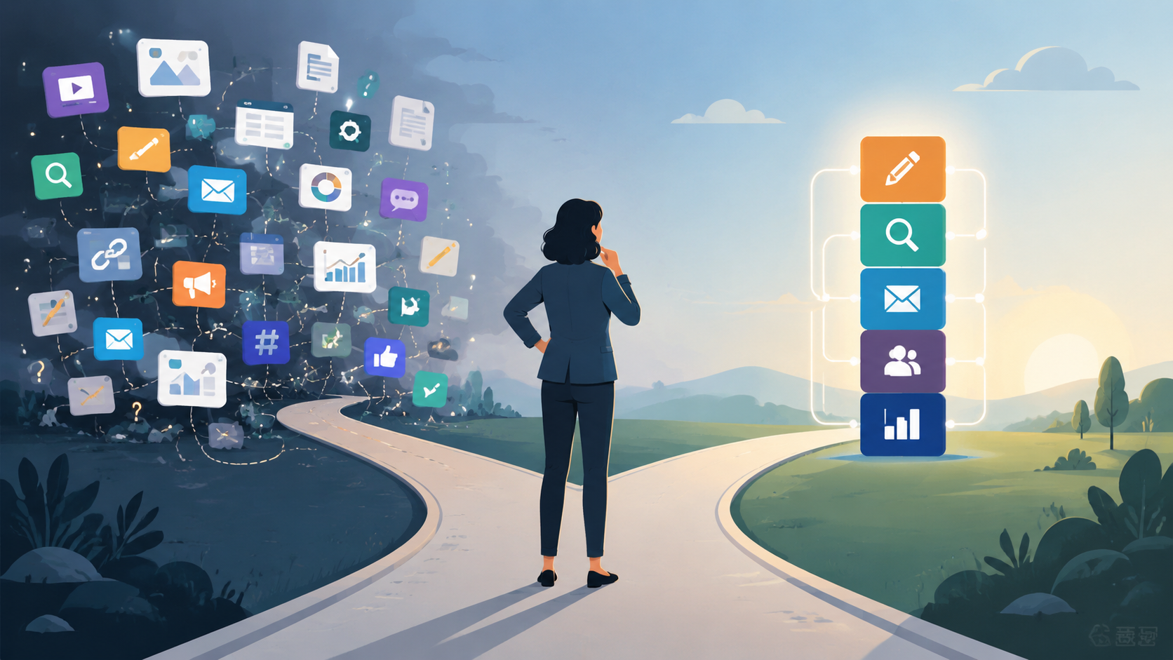 A marketing professional choosing between chaotic AI tool icons and a smaller integrated tool stack