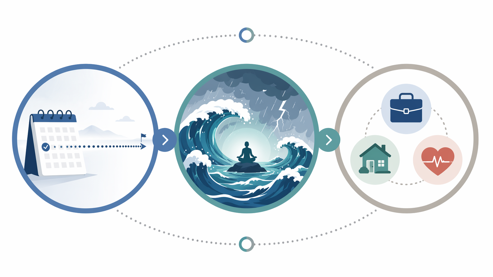 A three-part evaluation framework showing interconnected nodes for long-term sustainability, bad-week resilience, and whole-life applicability.