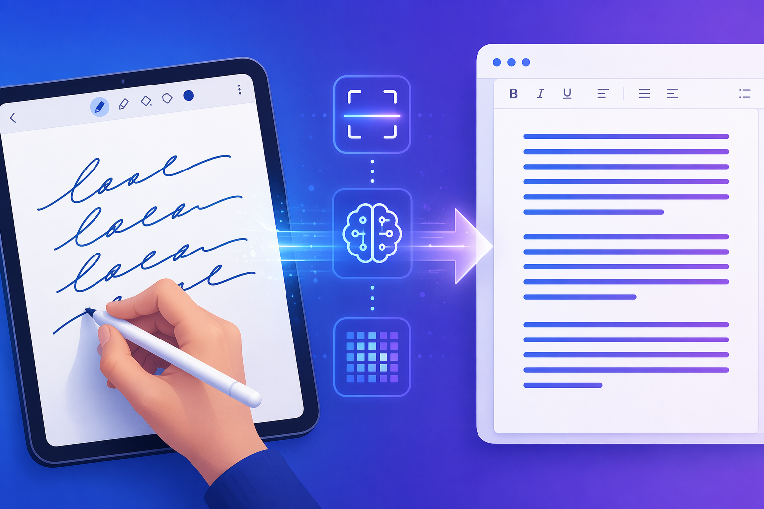 A split-composition illustration showing handwritten text on a tablet transforming through a glowing AI pipeline into clean digital text on a screen.