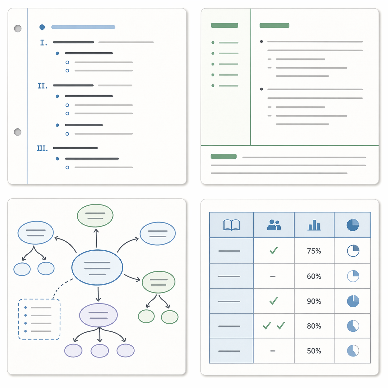 A 2x2 grid illustration showing four note-taking method layouts: the Outline Method with hierarchical bullet points and indented subtopics, the Cornell Method with a page divided into cue column, notes column, and summary row, the Flow Method with connected bubbles and arrows forming a branching concept map, and the Charting Method with a structured table for comparing data.