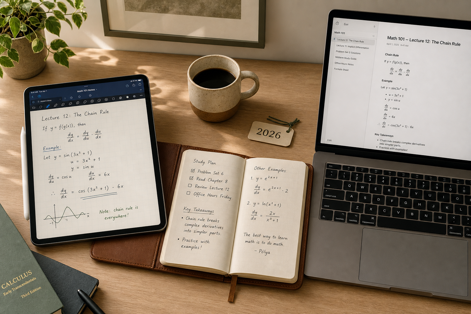 Top-down flat-lay of a student desk with an iPad and Apple Pencil showing a handwriting note-taking app on the left, a MacBook showing a typed note-taking app on the right, a warm coffee cup, an open leather notebook with handwritten notes, and a small '2026' tag between them