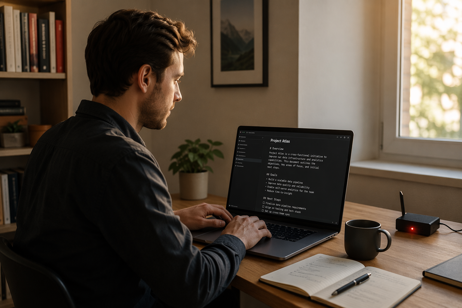 Knowledge worker typing calmly at a laptop while a nearby router shows a disconnected red light