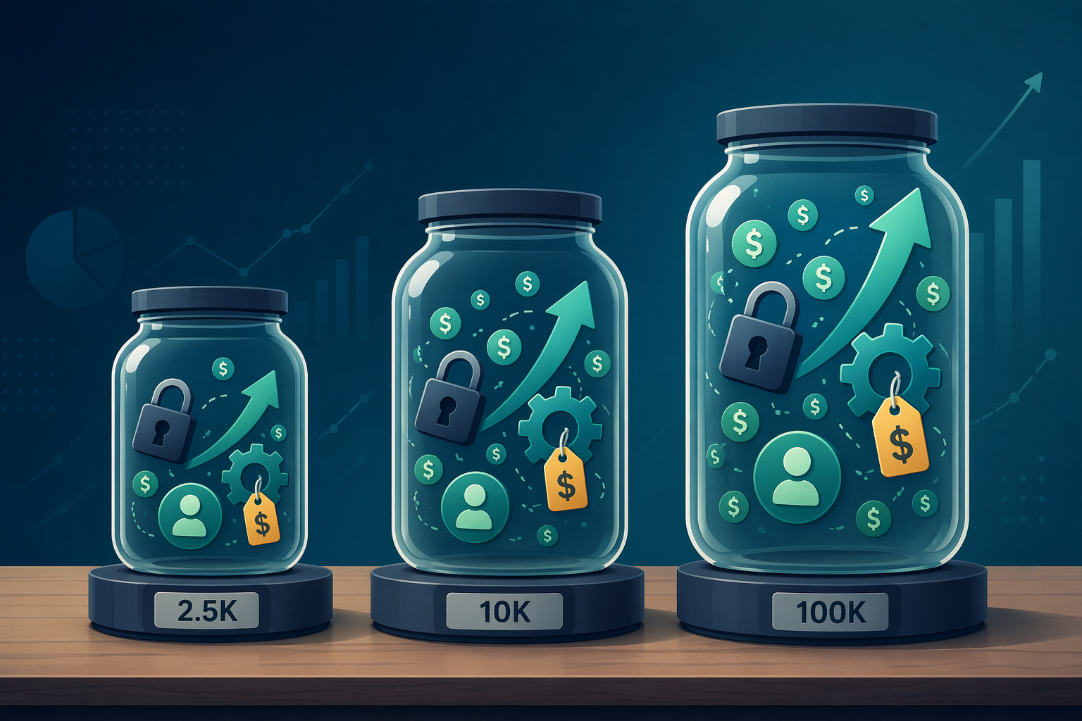 Three transparent glass jars labeled with contact tiers (2.5K, 10K, 100K) containing floating icons depicting hidden marketing automation costs: dollar signs, a padlock for hidden fees, a gear with a dollar tag for feature gating, a person icon for per-seat charges, and an upward arrow for scaling costs.