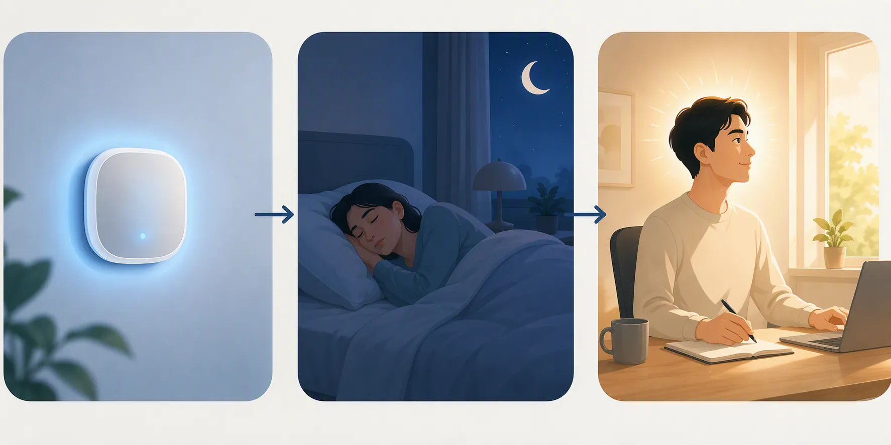 Three-panel chain showing thermostat, sleep, and next-day focus
