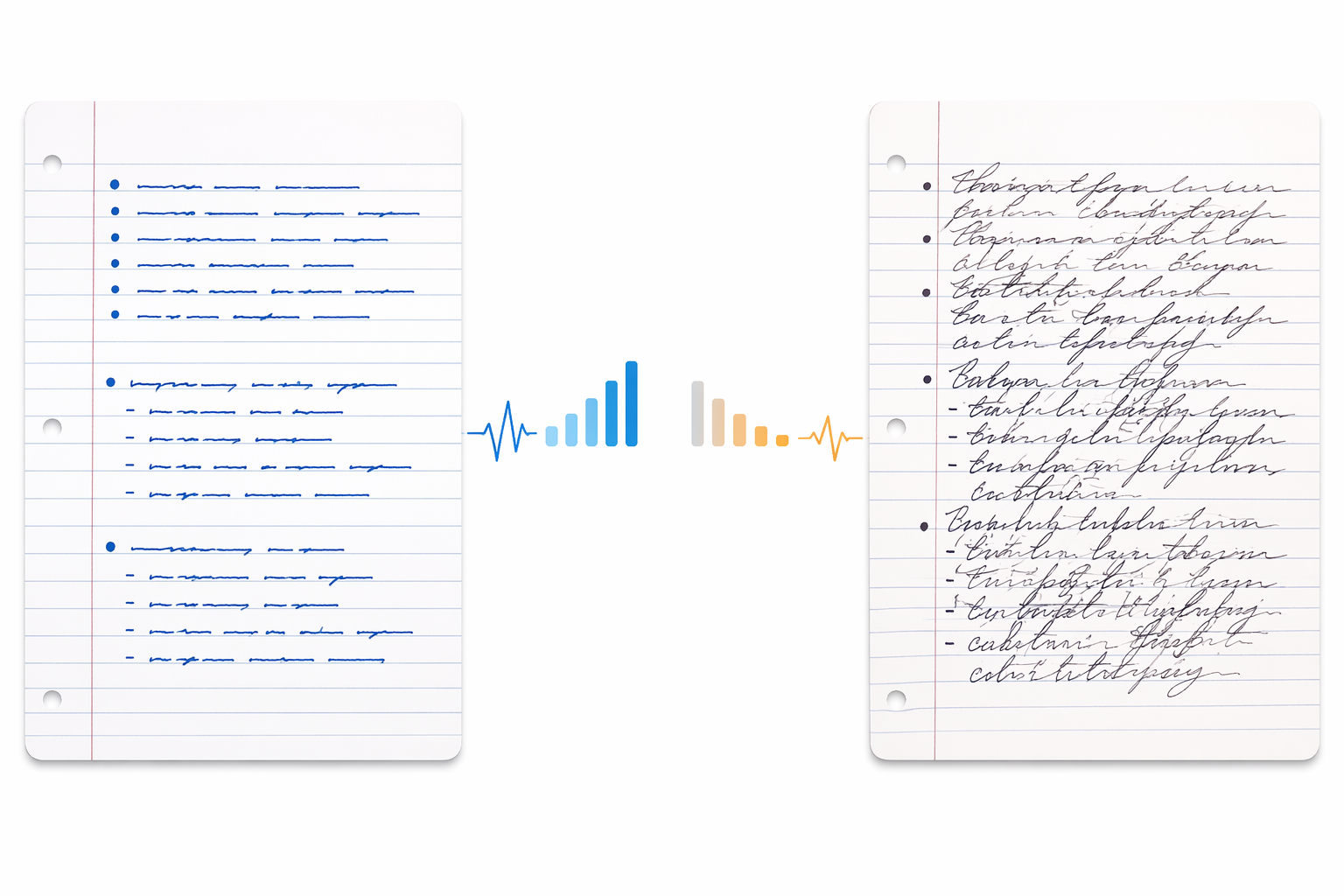 Side-by-side comparison of neat printed handwriting with strong accuracy signal bars on the left and messy cursive handwriting with weaker signal bars on the right.