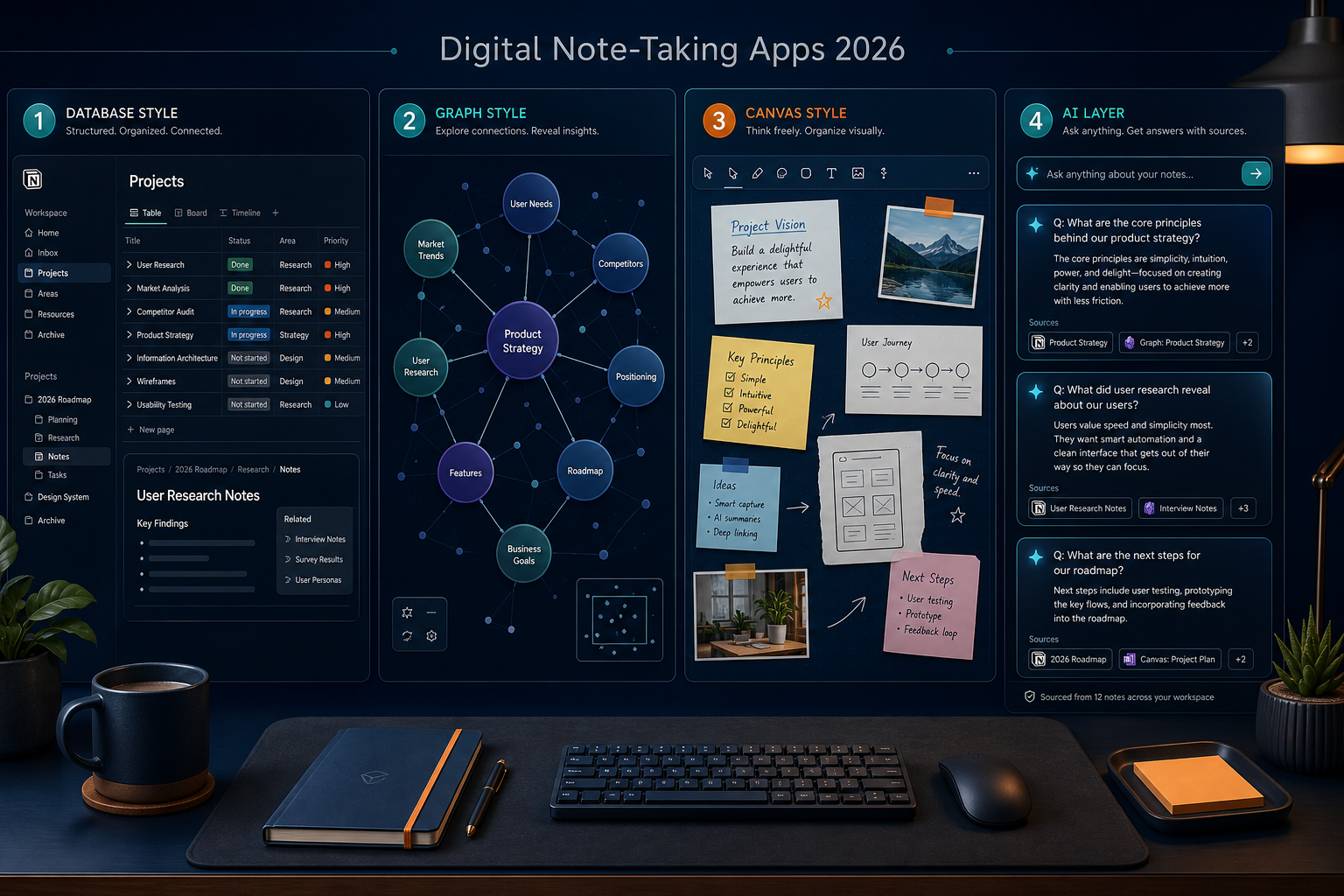 A desk workspace divided into four zones representing note-taking retrieval styles: structured database tables and nested pages on the far left, a linked node graph next to it, freeform canvas with handwriting and sketches in the center-right, and an AI search bar with cited answer cards on the far right.
