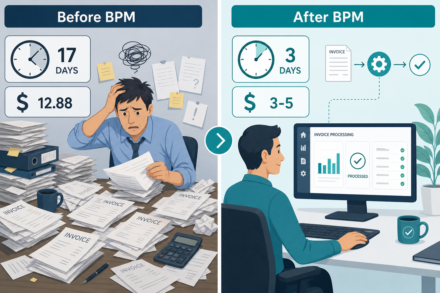 Before-and-after infographic showing manual invoice processing on the left with scattered papers and a stressed worker versus automated BPM processing on the right with a clean digital dashboard and calm worker.