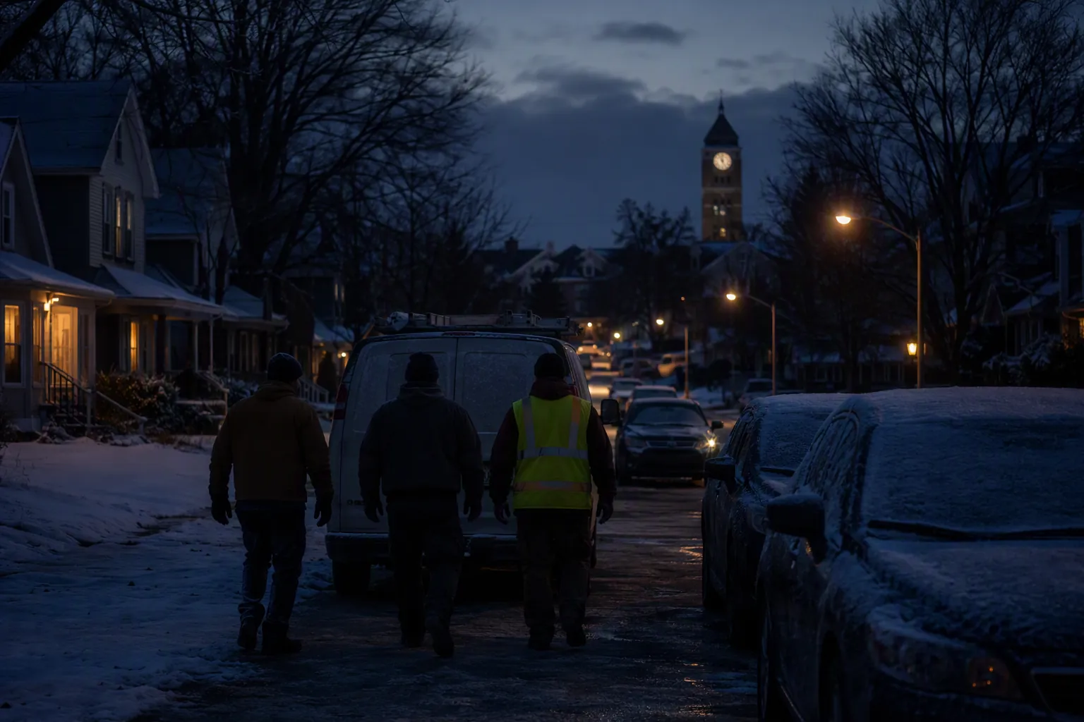 Early-start workers walking toward a van on a dark winter morning