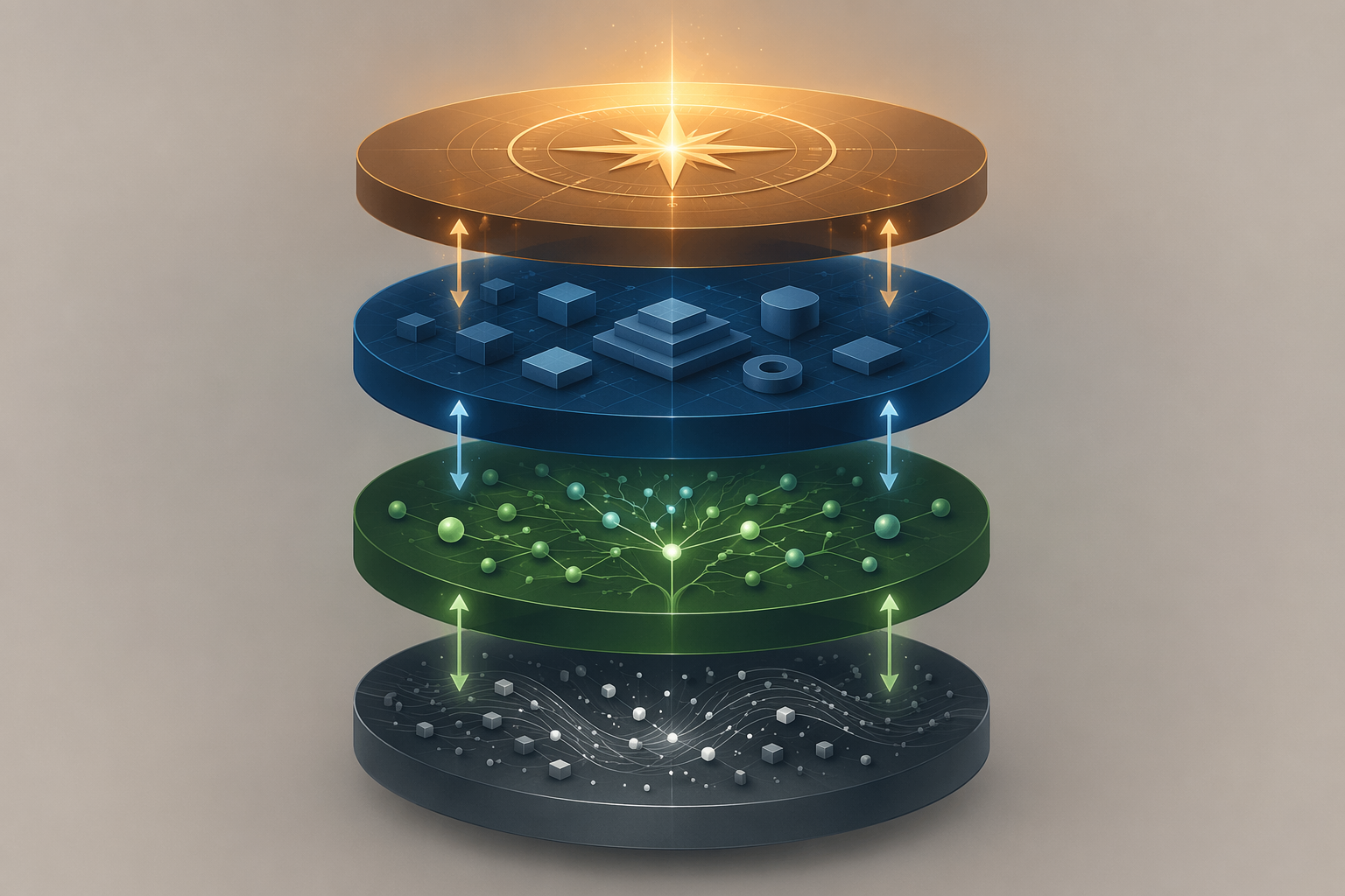Four-layer PKM Stack showing Philosophy, Actions, Ideas, and Information connected by bidirectional arrows